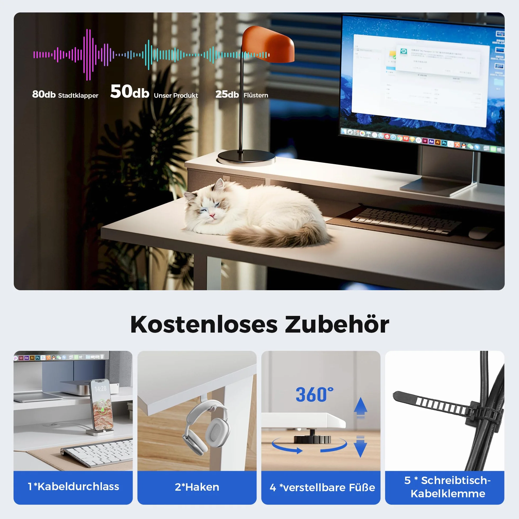 Agilestic Biurko z regulacją wysokości i 2 szufladami, stabilne, elektryczne ustawienie wysokości, ergonomiczne biurko komputerowe do pracy na siedząco i stojąco, 100 x 60 cm, białe