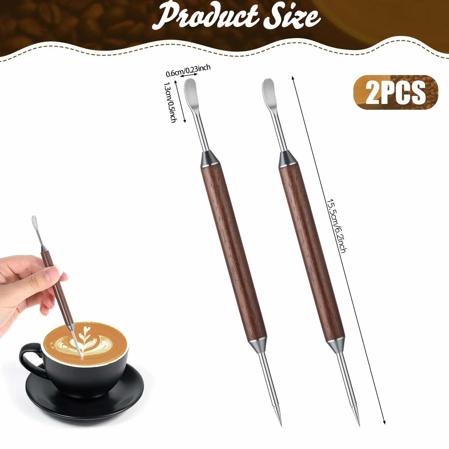 Długopisy do kawy, 2 sztuki, 16 cm, dwustronne pisaki latte art, ze stali nierdzewnej z drewnianym uchwytem, profesjonalne pisaki barista latte art, do cappuccino, latte, espresso, 2