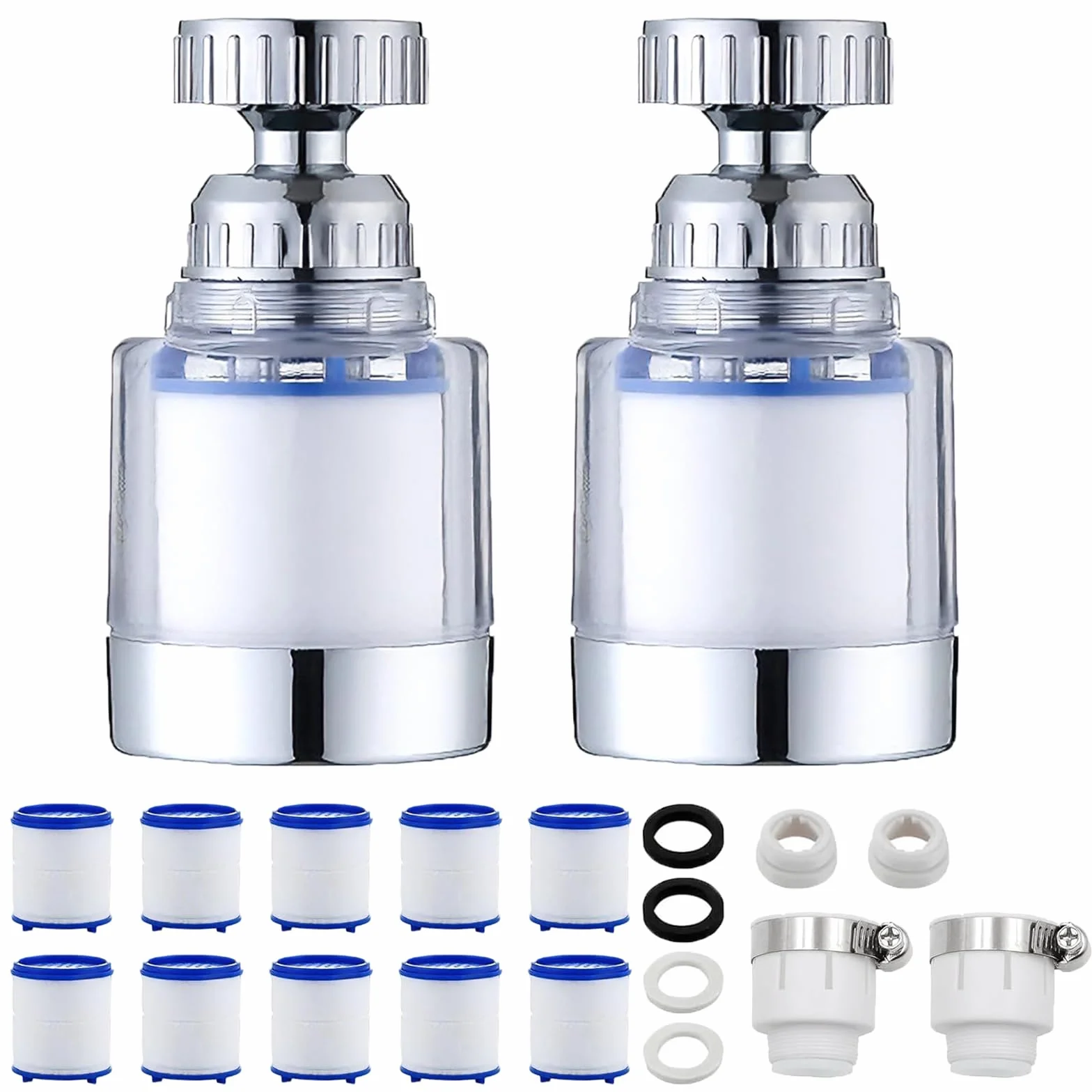 Filtr do wody, kran, 2 sztuki, filtr 360°, z 10 wymiennymi filtrami i uniwersalnym adapterem, kran do odkamieniacza, nasadka do kuchni, łazienki, zlewu