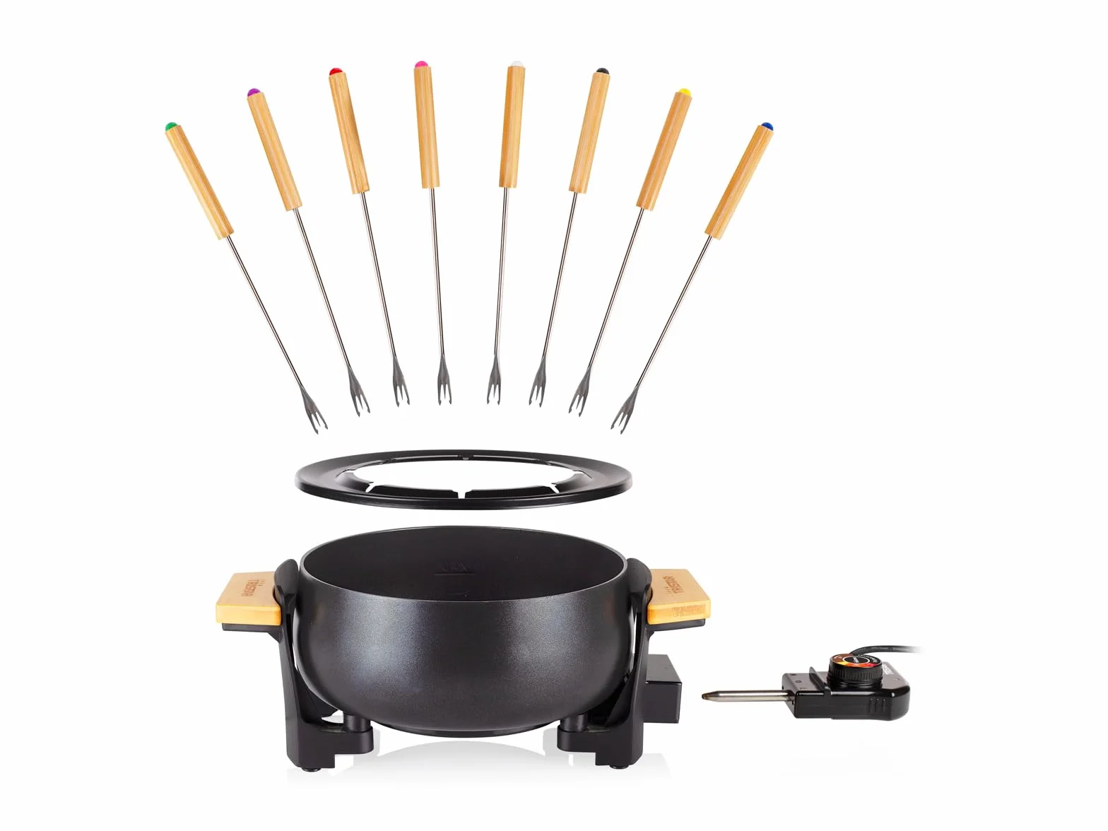Fondue Tristar FO-1108 - bambusowe wykończenie - obudowa z czarnej matowej stali - do 8 osób - 1000 W