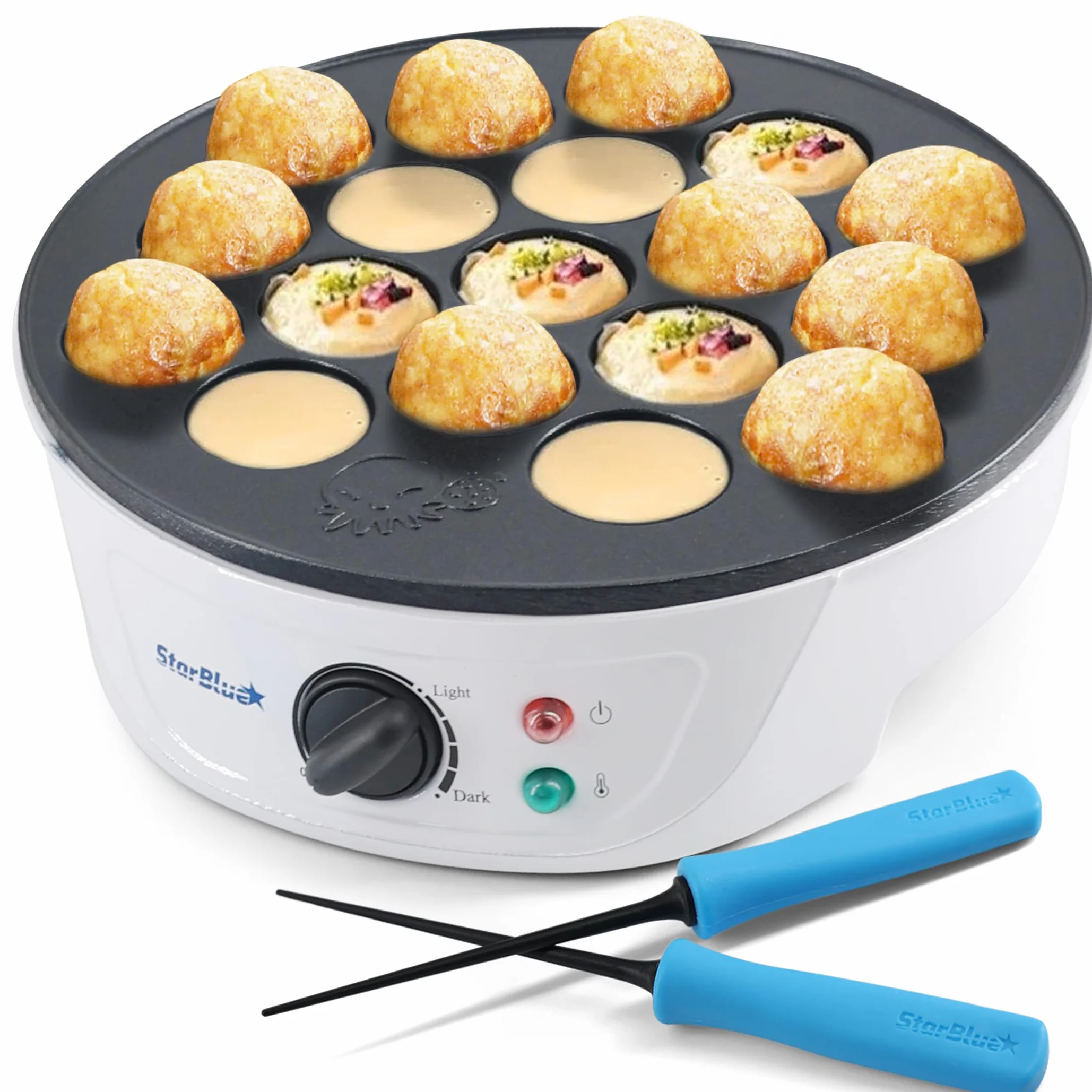 StarBlue Takoyaki Maker Machine z darmowymi kostkami Takoyaki, regulacja temperatury, 18 otworów, elektryczna patelnia do japońskich kulek ośmiornicy, 220 V, 60 Hz, 700 W, wtyczka brytyjska z