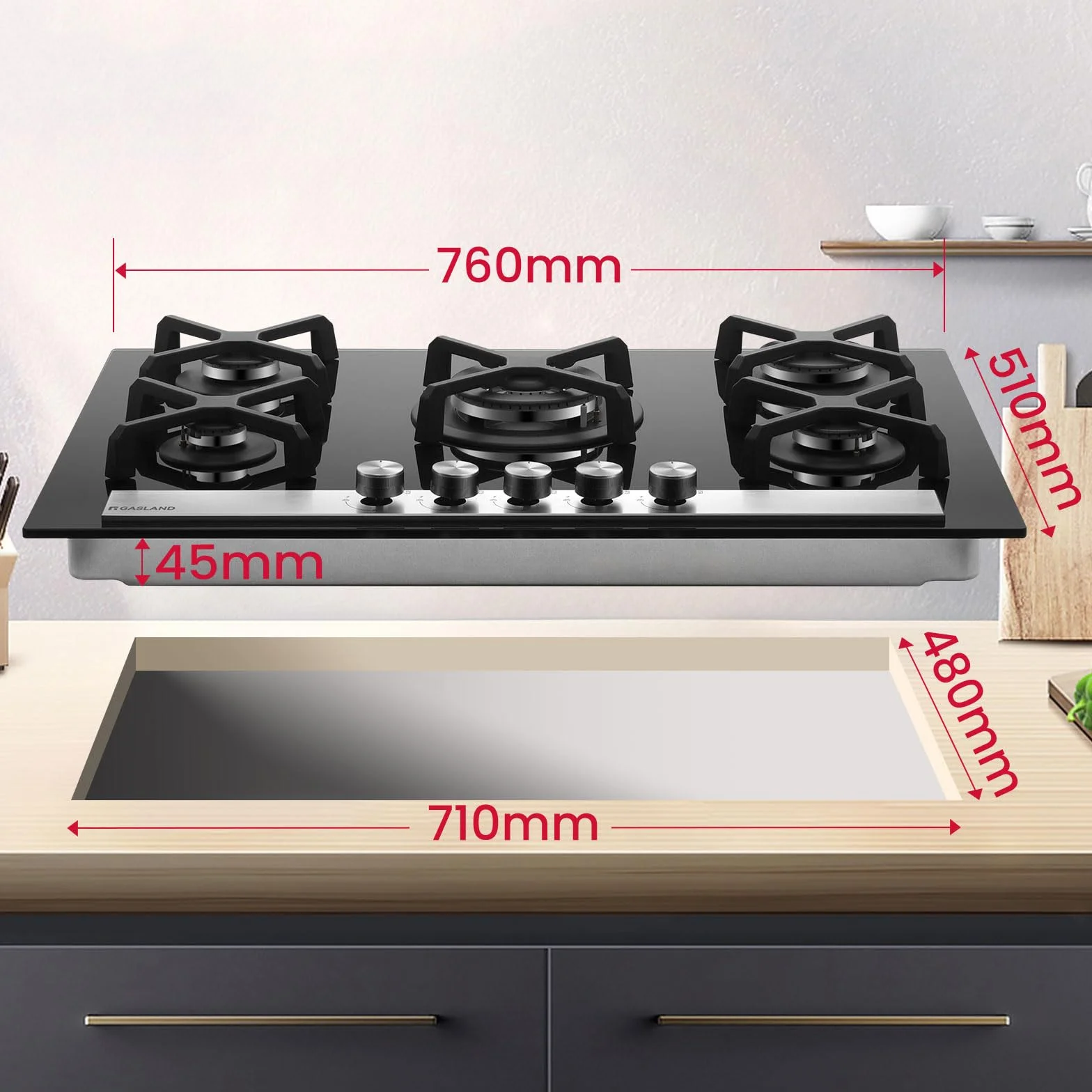 GASLAND GH6805BG1FC szklana płyta gazowa, 5-palnikowa, gazowa płyta kuchenna z palnikiem wok, płyty gazowe do zabudowy, 76 cm, czarna kuchenka szklana, butan 10400 W, LPG/gaz ziemny