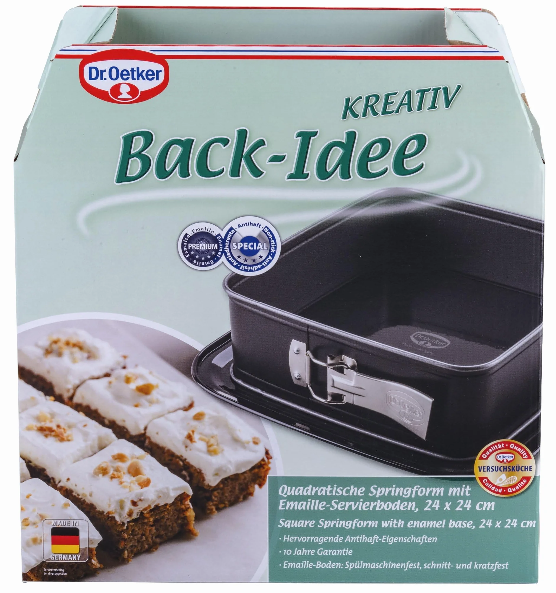 Dr. Oetker Kwadratowa tortownica z emaliowanym dnem do serwowania – idealna do ciast i tortów, 29 x 29 x 8,5 cm, nieprzywierająca, odporna na wysokie temperatury, czarna/srebrna