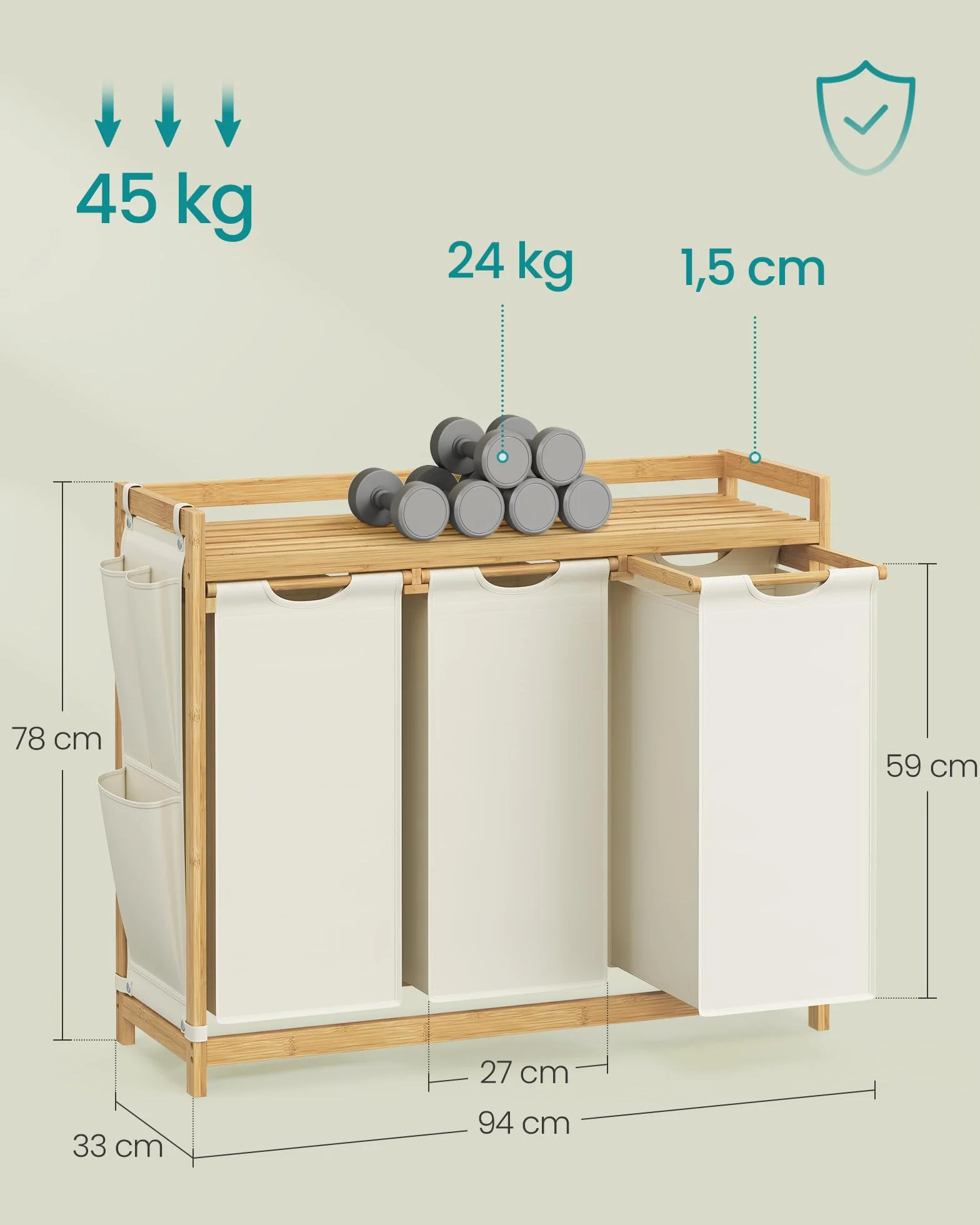 SONGMICS Kosz na pranie, z 3 przegródkami, kosz na brudną bieliznę, bambusowy, pojemność 150 l, z półką, kieszeniami bocznymi, 3 x 50 l, 94 x 33 x 78 cm, kremowo-biały RLH115W01