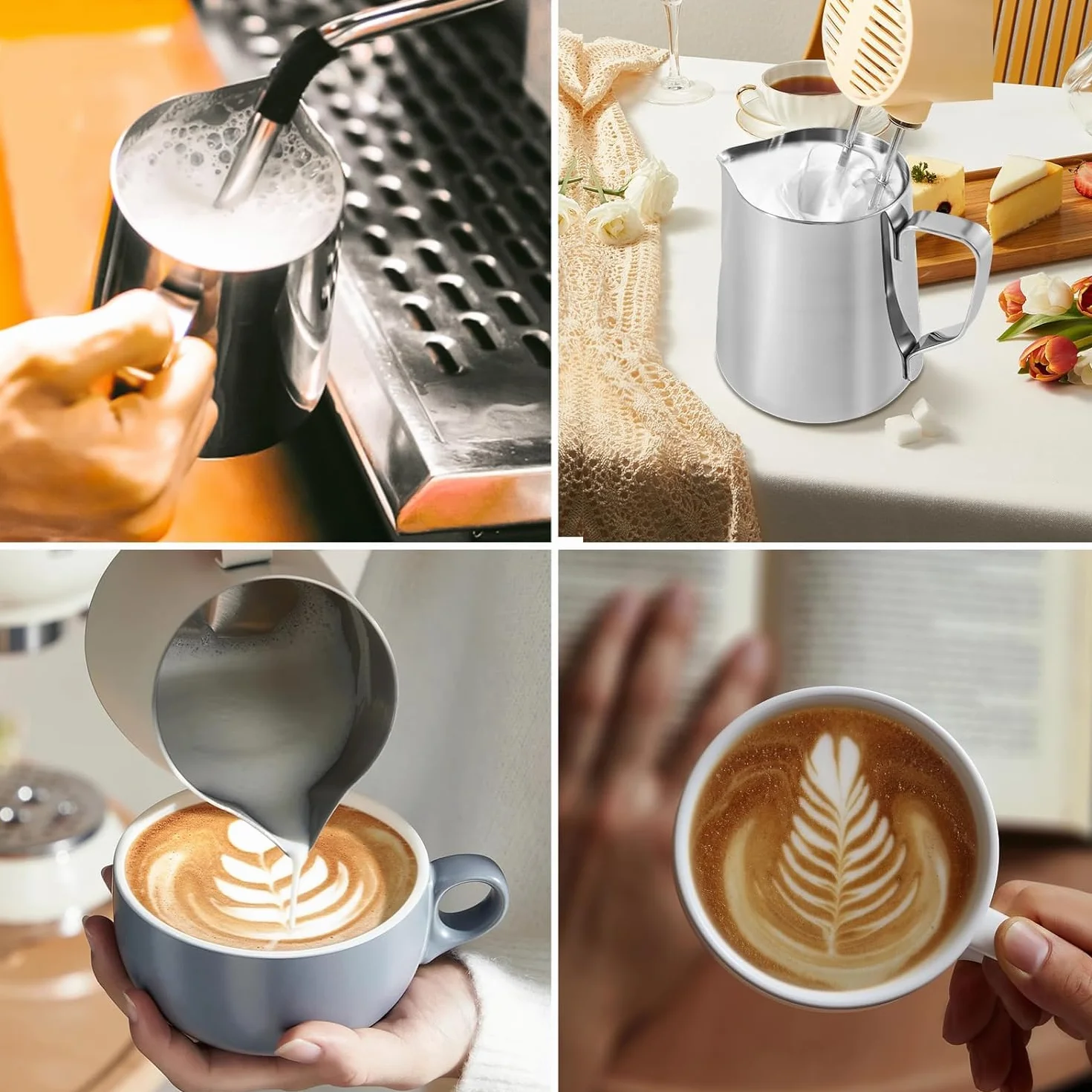 Dzbanek do mleka, 450 ml, stal nierdzewna 304, spieniacz do mleka, dzbanek do kawy, dzbanek do cappuccino, spieniacz do mleka, narzędzie barista, do domu, kawiarni, biura, srebrny