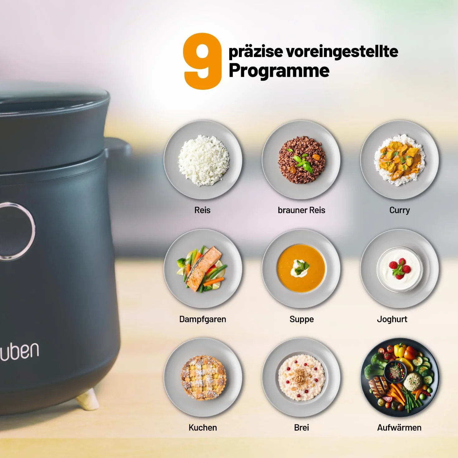 Lauben Wielofunkcyjny ryż Cooker 1500BW, wielofunkcyjny przyrząd do gotowania ryżu, 350 W, 1,5 l, cyfrowy wyświetlacz, 9 programów, powłoka nieprzywierająca, ochrona temperatury, opóźnienie