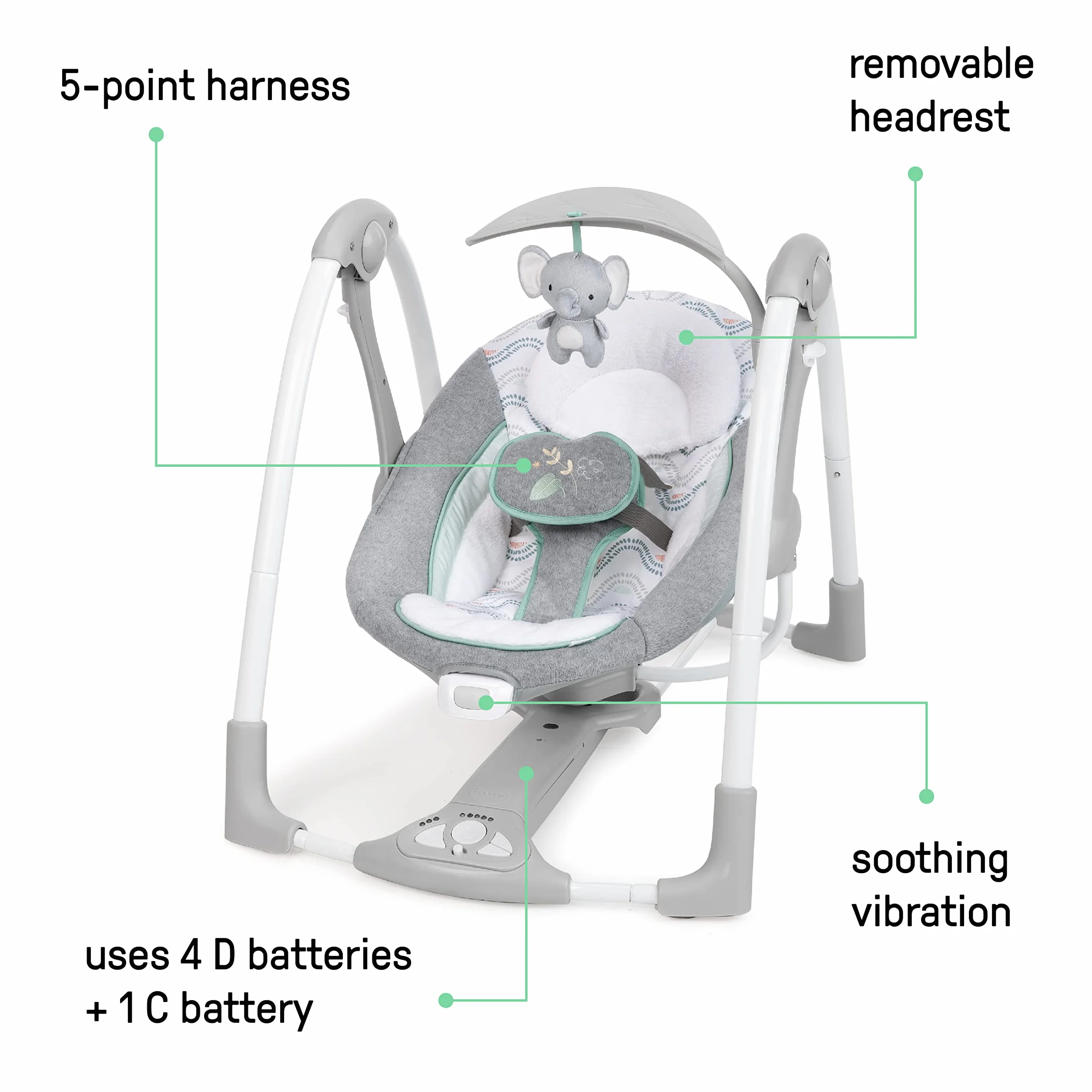 Ingenuity ConvertMe Huśtawka dziecięca 2 w 1, elektryczna, przenośna, wibracje, odgłosy natury, 0-9 miesięcy, maks. 9 kg – Swell