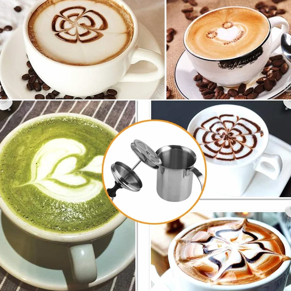 Ręczny spieniacz do mleka, ręczny spieniacz do mleka ze stali nierdzewnej, spieniacz do cappuccino z podwójną kawą netto (400ml)