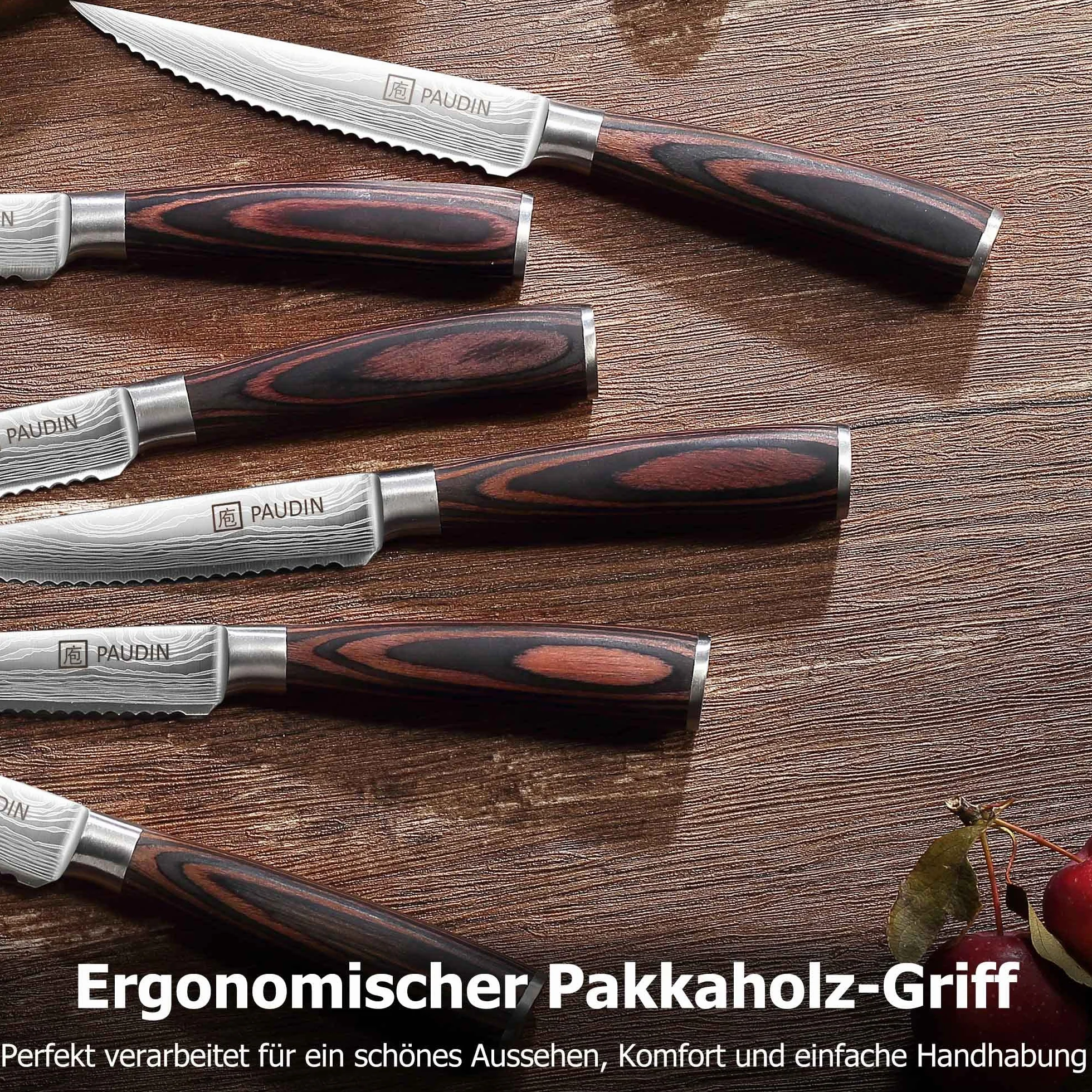 PAUDIN Zestaw 8 noży do steków, wysokiej jakości niemieckie noże ze stali nierdzewnej, ultraostre ząbkowane ostrza i ergonomiczny drewniany uchwyt, nóż stołowy z pudełkiem na prezent