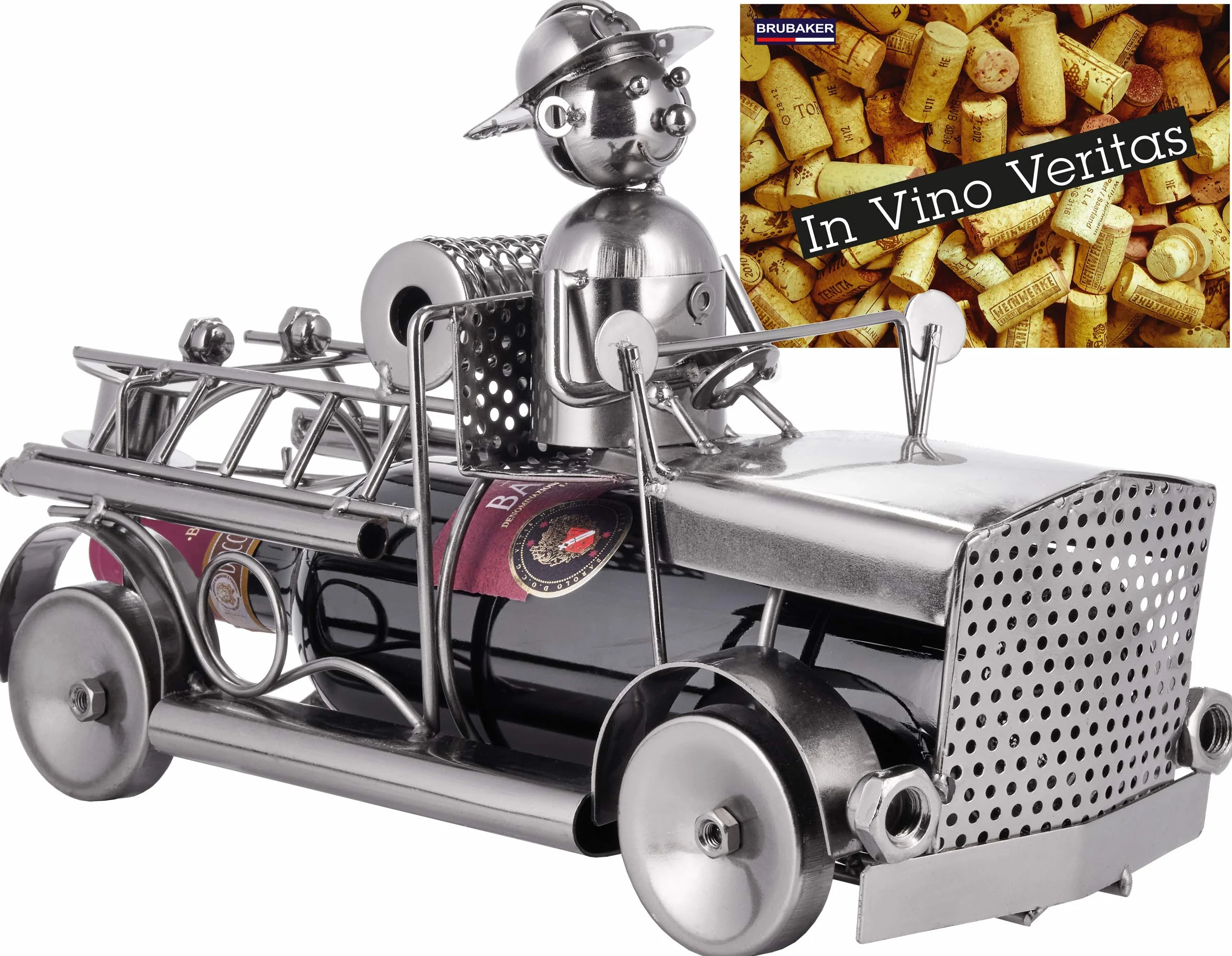 BRUBAKER Uchwyt na Butelkę Wina Wóz Strażacki - Wóz Strażacki Metalowa Rzeźba Stojak na Butelkę - 32 cm Metalowa Figura Prezent na Wino Dla Strażaków i Strażaczek - z Kartką z Życzeniami