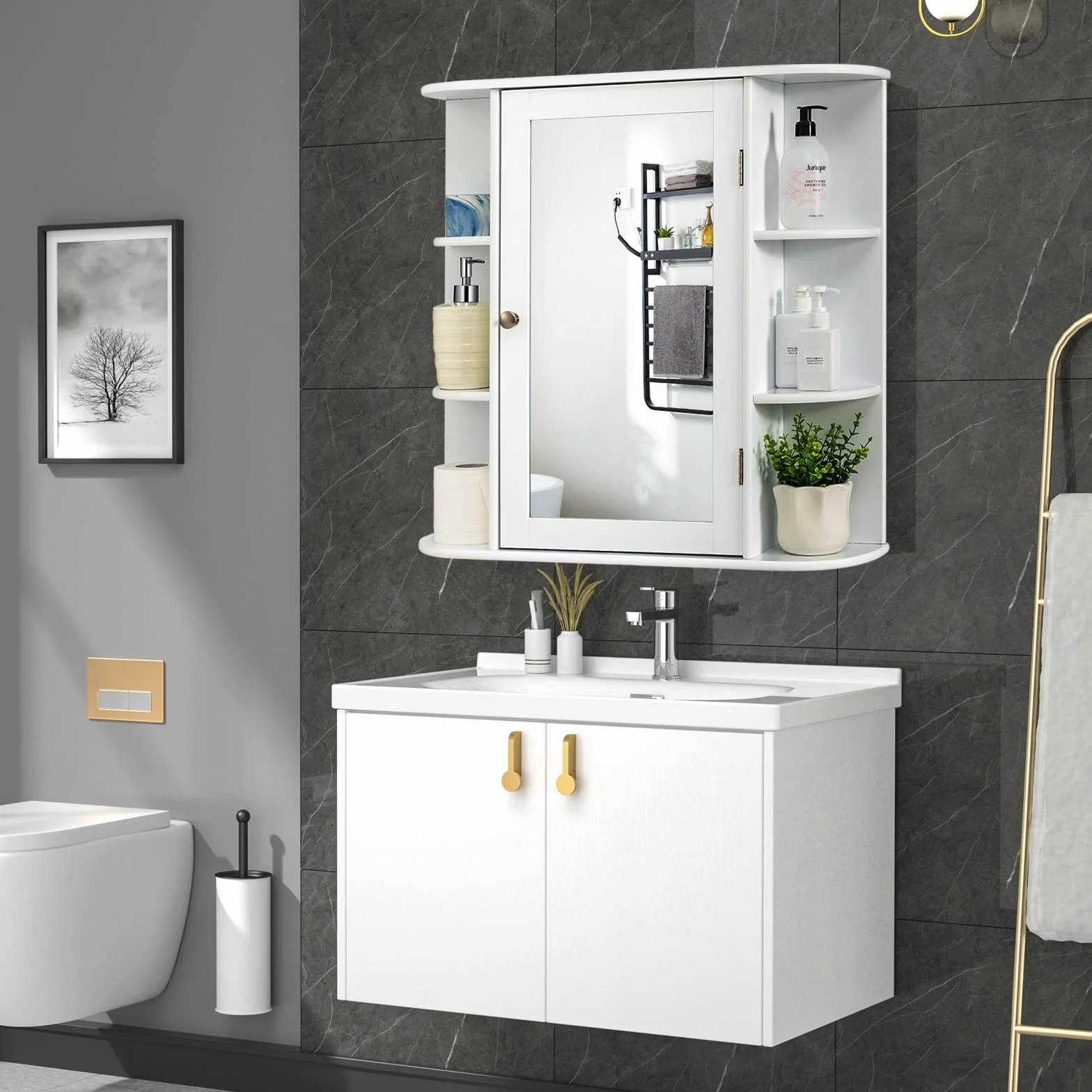 COSTWAY Wisząca Szafka Łazienkowa z Lustrem, 4 Zamykane Półki i 6 Otwartych, Drewniana, 66 x 17 x 63 cm, Biała – Duża Przestrzeń i Nowoczesny Design