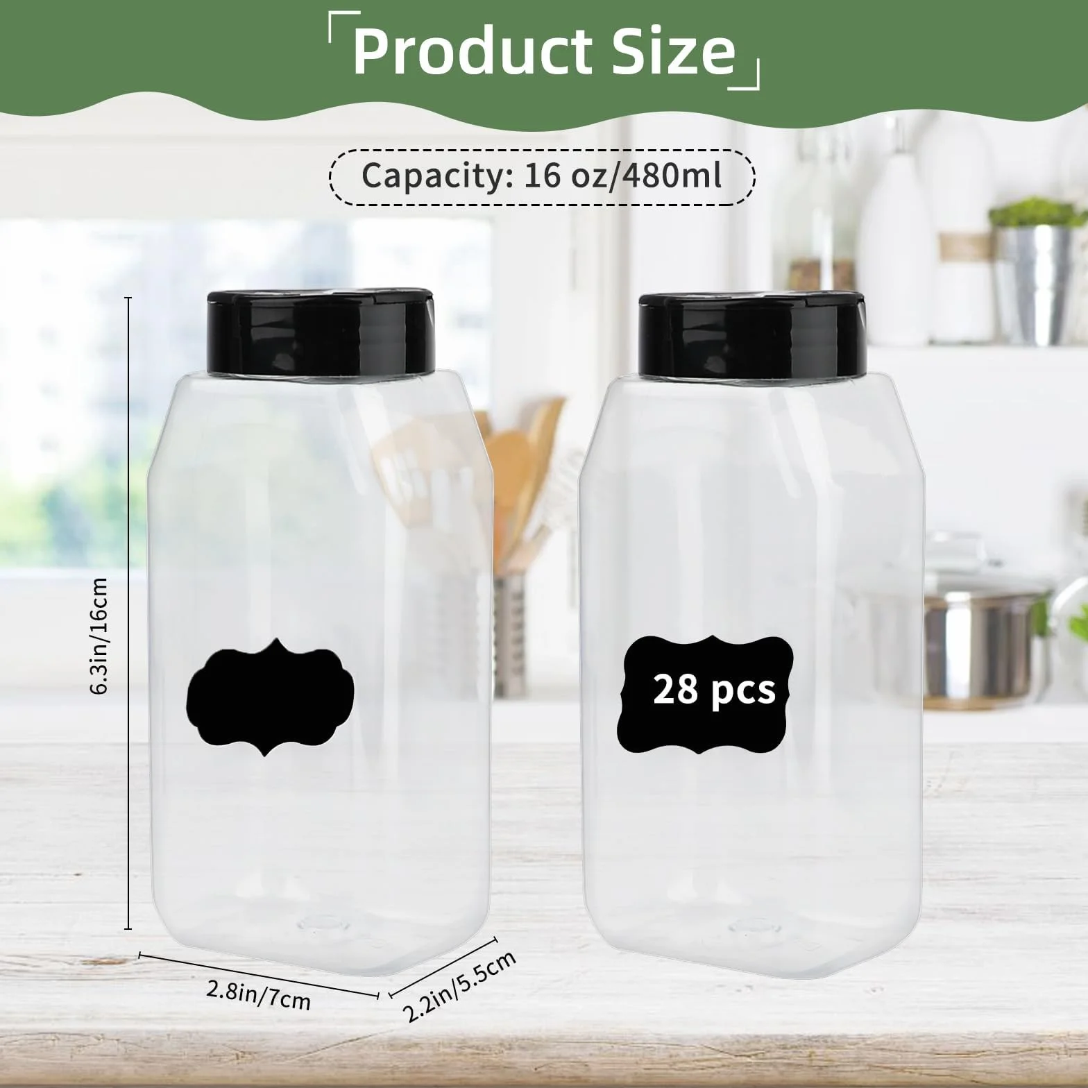 Zestaw 28 słoików na przyprawy, 480 ml, z tworzywa sztucznego, z czarną pokrywką, bez BPA, do kuchni, na przyprawy, zioła, BBQ Rub Meal Prep