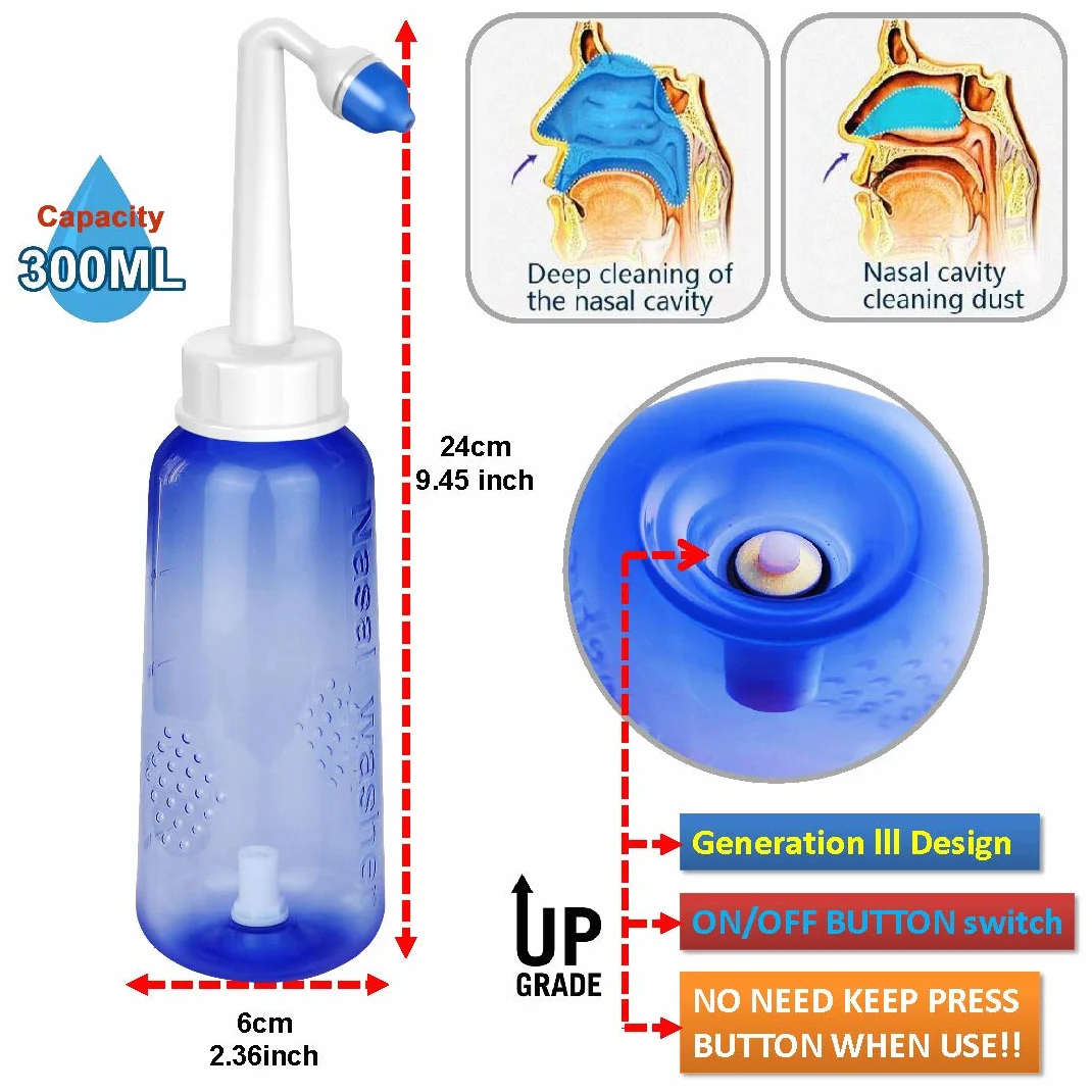 Neti Pot-2 botellas+4 boquillas+spray nasal (solo botella) -300 ml Neti Pot Sinus Rinse Kit de enjuague para senos nasales -Limpiador de nariz y riego sinusal -Pulverizador nasal bloqueado de nariz