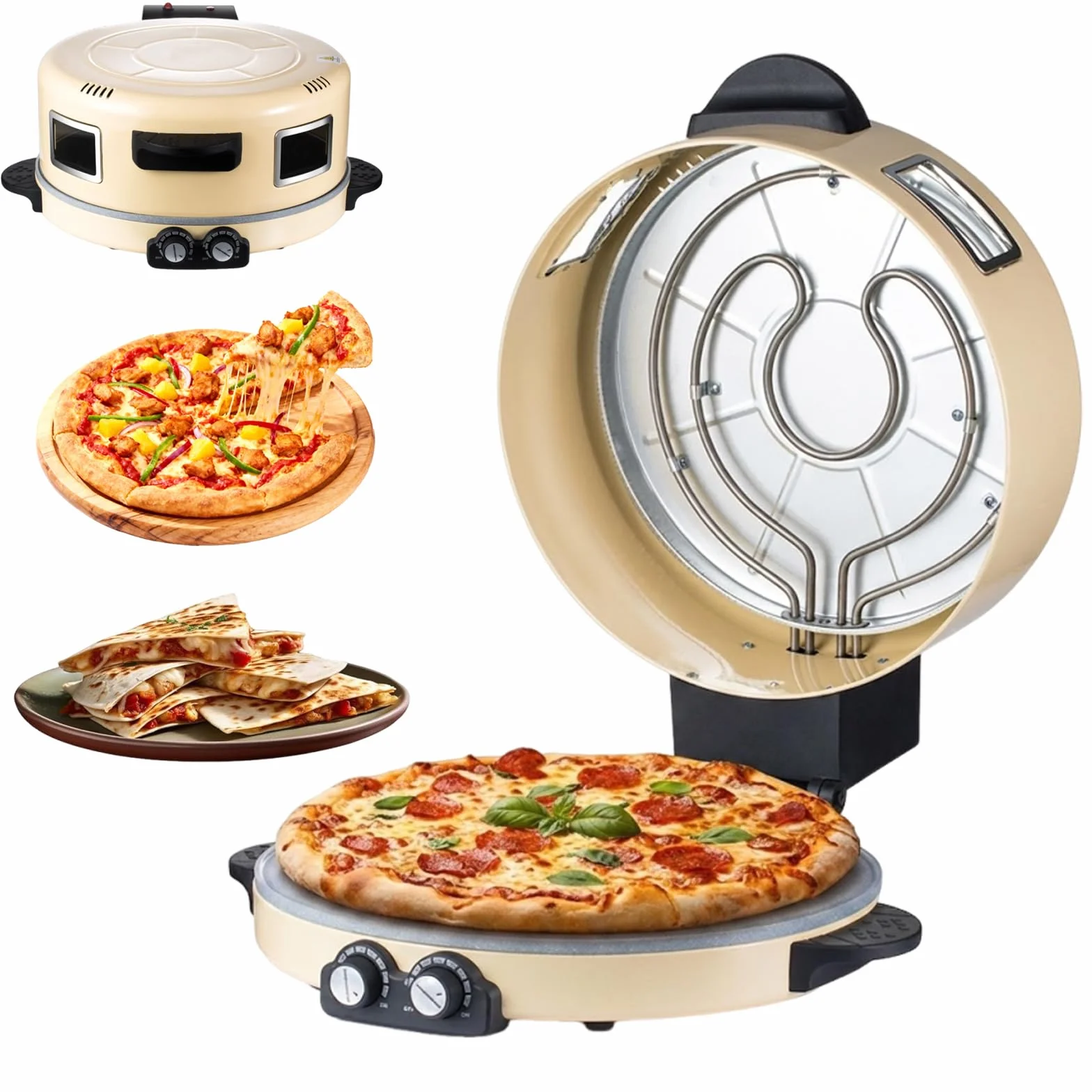 Elektryczny piekarnik do pizzy z kamienną podstawą o średnicy 40 cm z powłoką nieprzywierającą, przenośną maszyną do robienia pizzy na blacie o mocy 2200 W, podwójnym sterowaniem ogrzewaniem i szklany