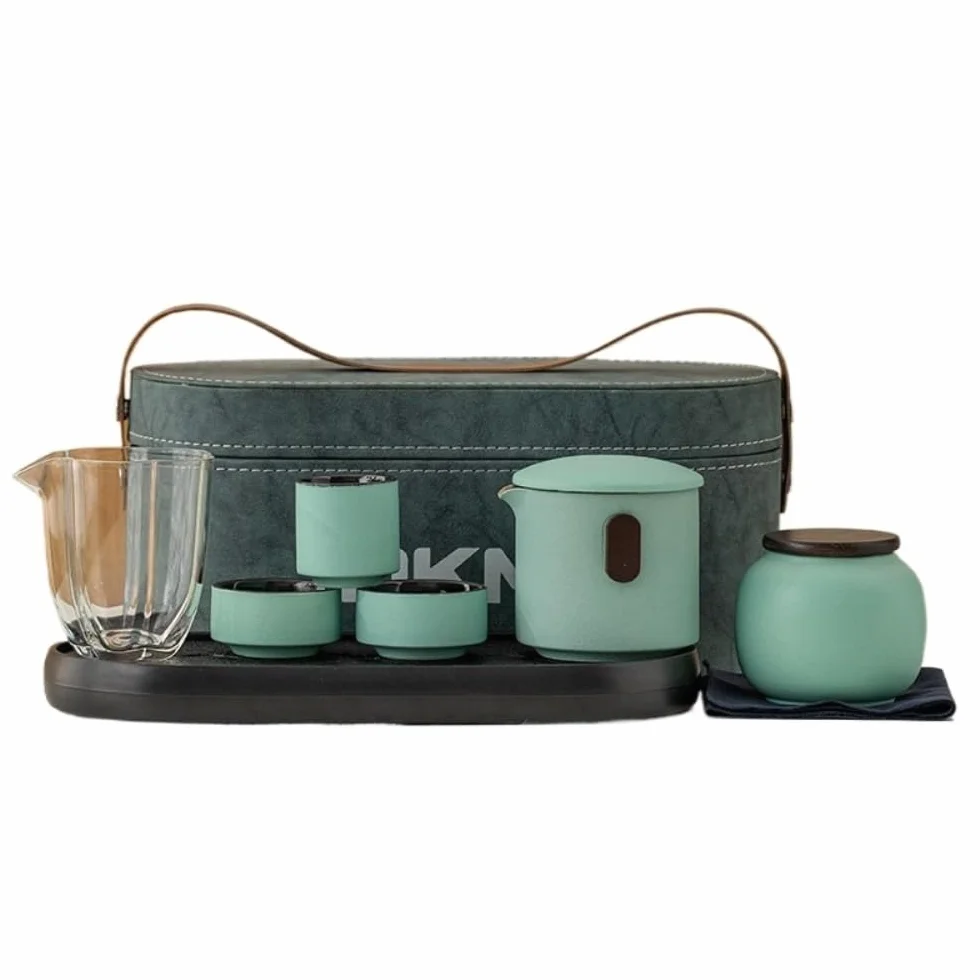 Słoik na cukier przenośny zestaw do herbaty do podróży, ceramiczny pojemnik do przechowywania, zapieczętowany słoik, czajnik, filiżanka, taca, zestaw chińskich retro słoików na herbatę (zielony