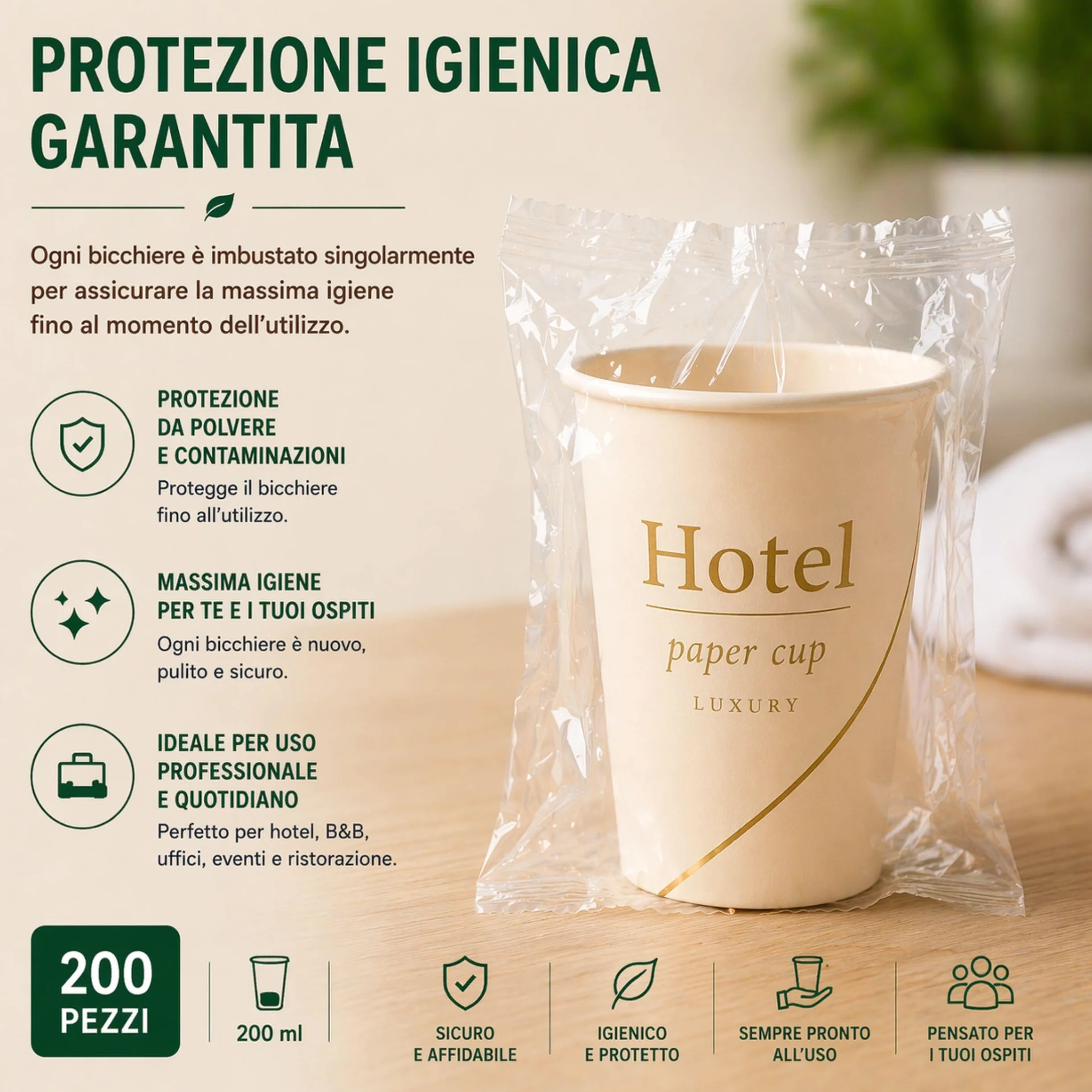 Generico Mecup Jednorazowe papierowe kubki pojedynczo pakowane jednorazowe kubki gorące i zimne napoje do hotelu lub b&b (200, HOTEL)