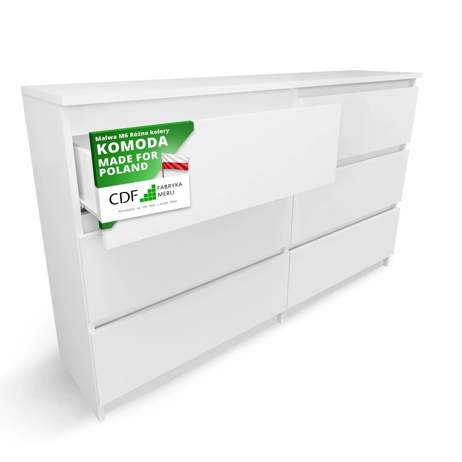 CDF Komoda biała z 6 szufladami, głębokość 30 cm, komoda, do salonu, sypialni, szafka z szufladami, dużo miejsca do przechowywania, odpowiedni organizer na ubrania, szerokość 120 cm, nowoczesny wygląd