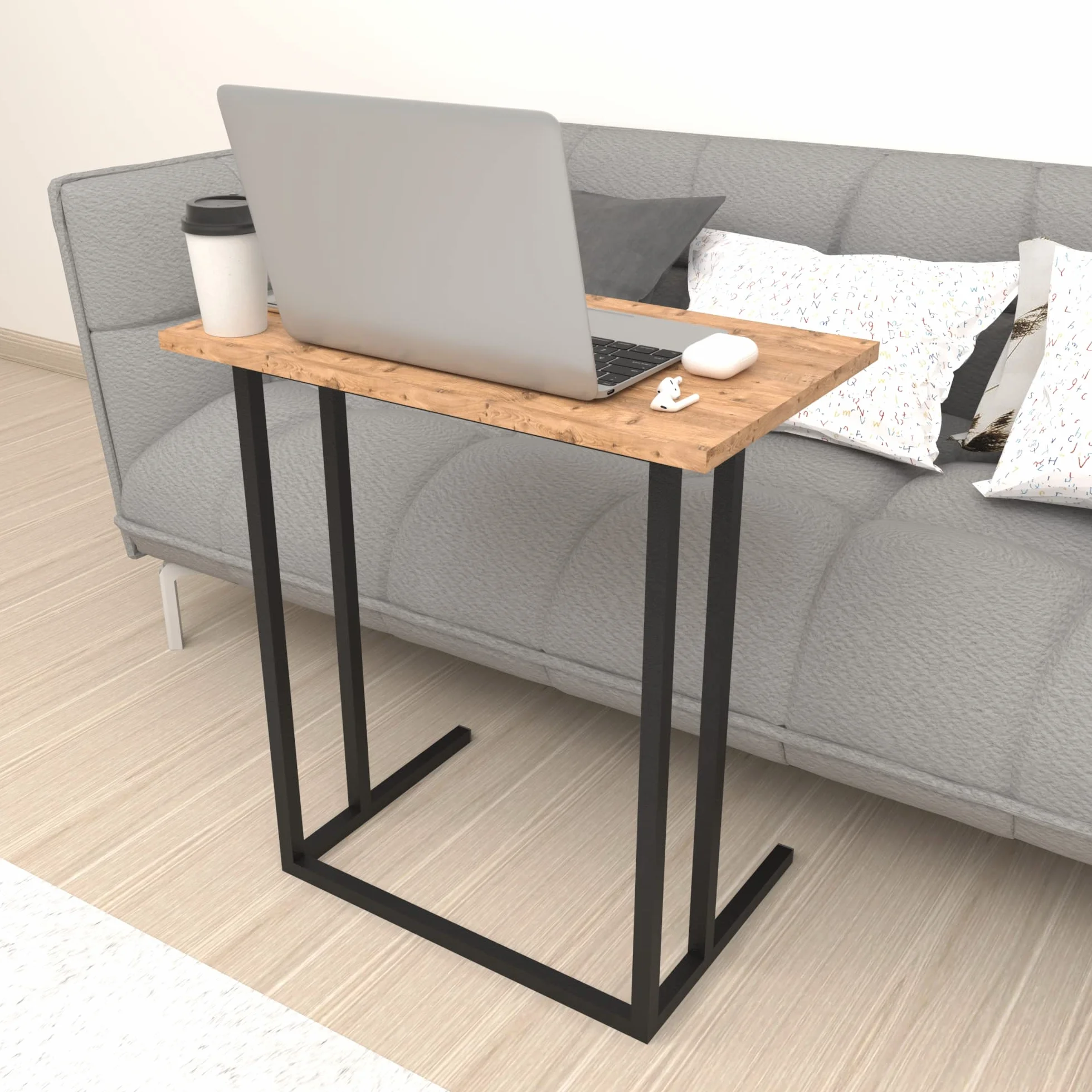[en.casa] Stolik do laptopa Högsby stolik pomocniczy w kształcie litery C, stolik kawowy z metalowym stelażem, stolik do salonu, sypialni, stolik pod łóżko, dąb