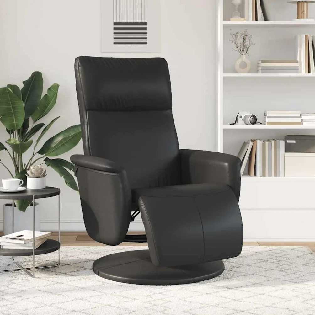 Fotel relaksacyjny z podnóżkiem, czarny, sztuczna skóra, obrotowy, z funkcją leżenia, ergonomiczny, wygodny, do salonu, biura, kącika do czytania, kominka