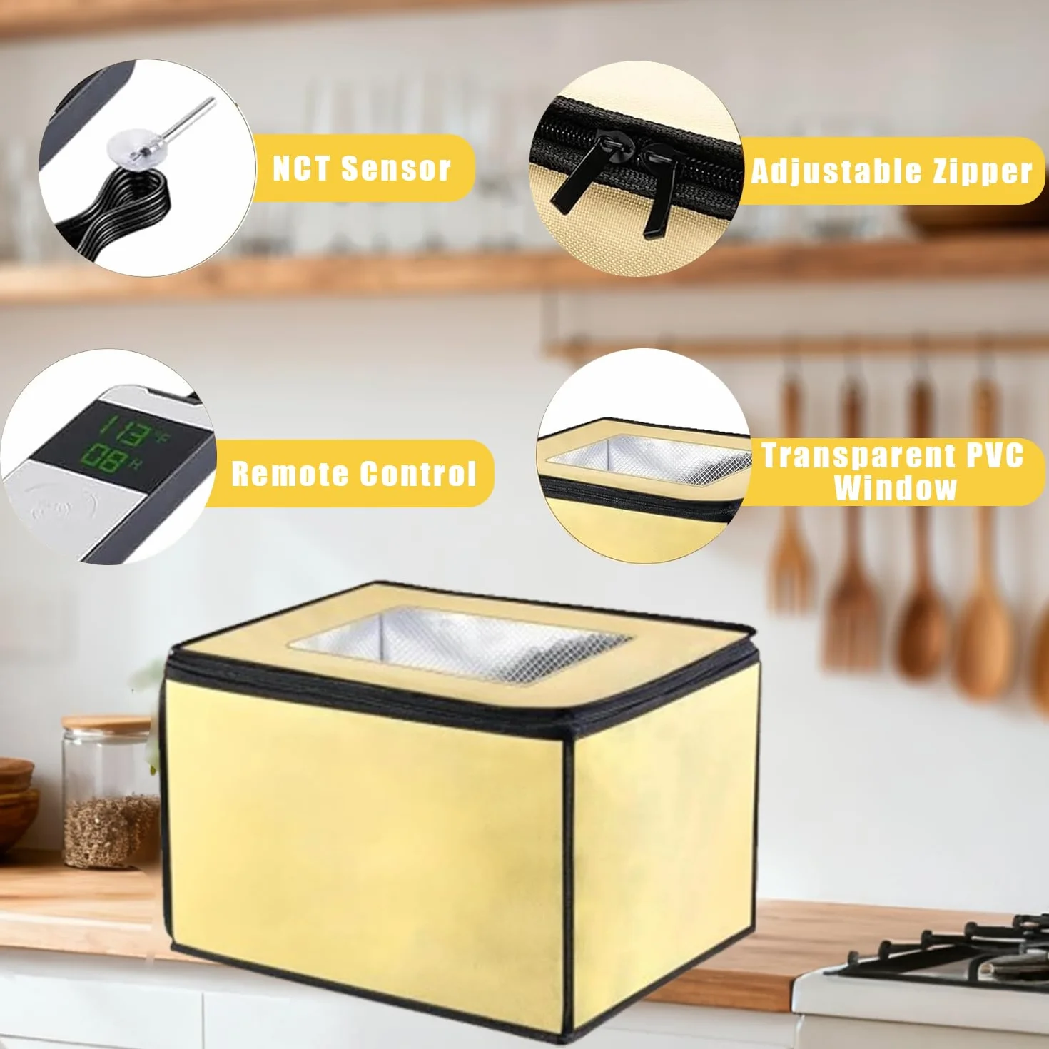 Pojemnik do fermentacji chleba z ogrzewaniem, składana elektryczna szafka do fermentacji chleba z wbudowanym czujnikiem temperatury NTC 50~113℉, cyfrowy wyświetlacz, timer od 0 do 12 godzin, do