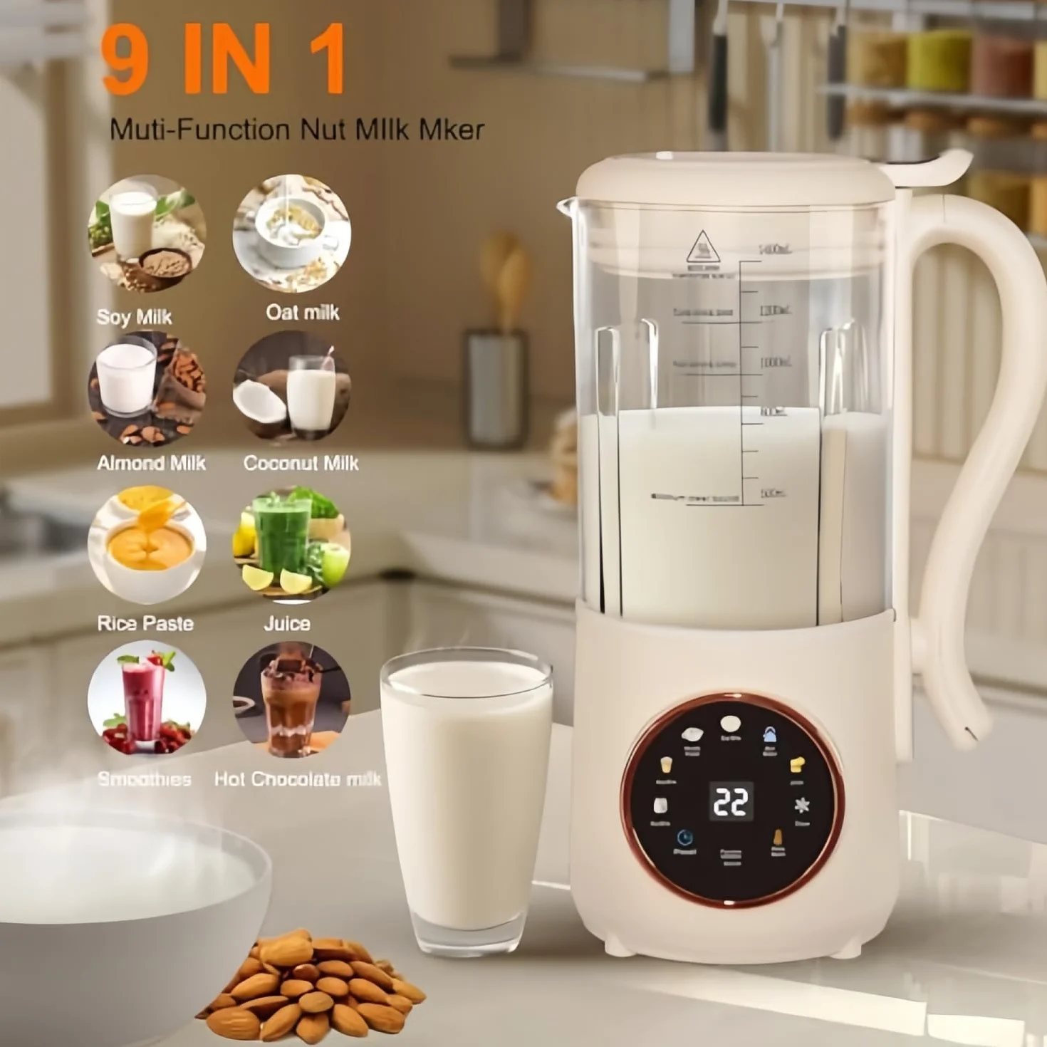 Automatyczny ekspres do mleka sojowego 8 w 1, 47oz/1400ML automatyczna maszyna do mleka orzechowego, z 16 ostrzami, 24-godzinny timer opóźniający, do przygotowywania mleka migdałowego, owsianki