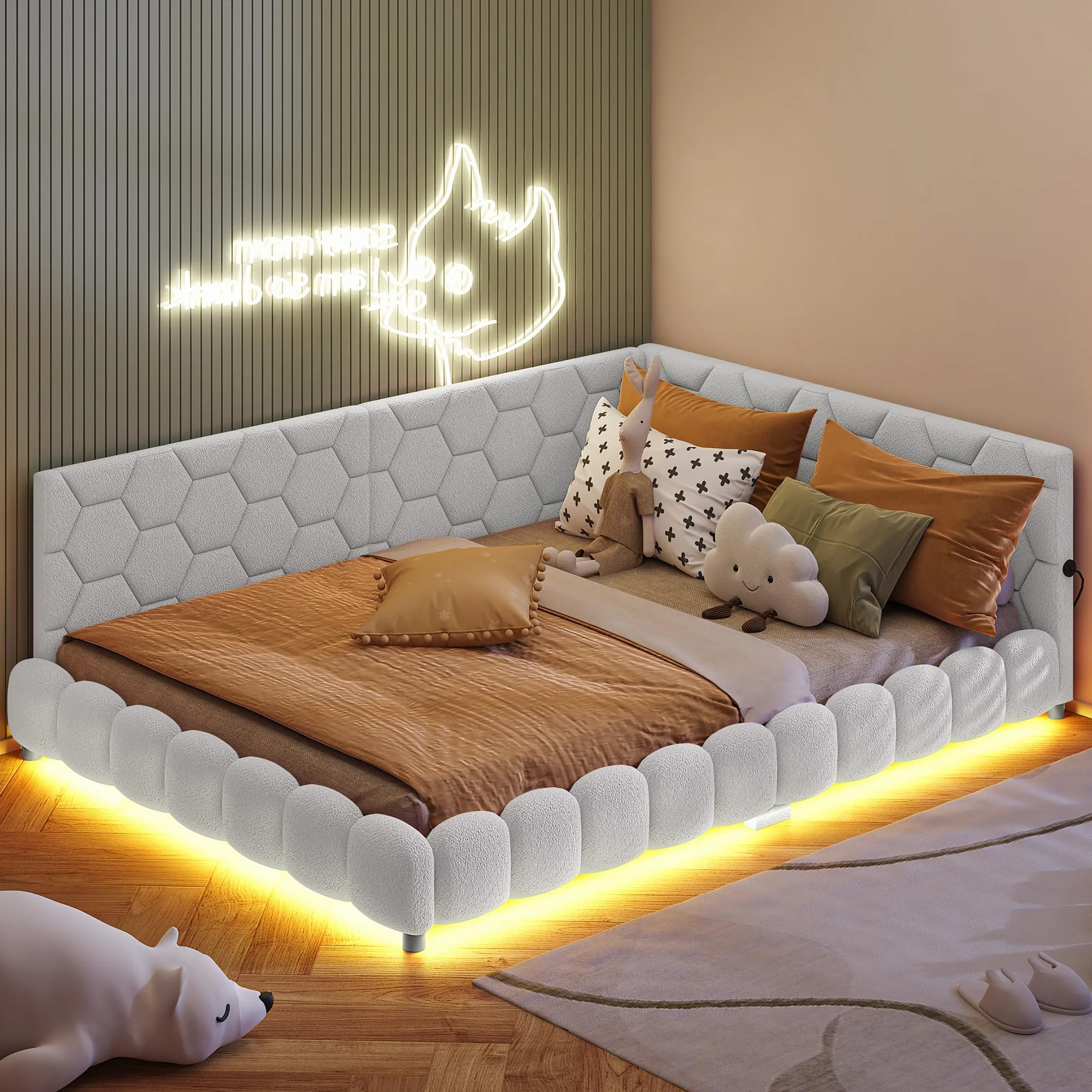 Łóżko tapicerowane z funkcją spania 140 x 200 cm z oświetleniem LED, łóżko dzienne ze stacją ładującą USB & Type-C, łóżko młodzieżowe w kształcie litery L, stelaż łóżka, bez materaca