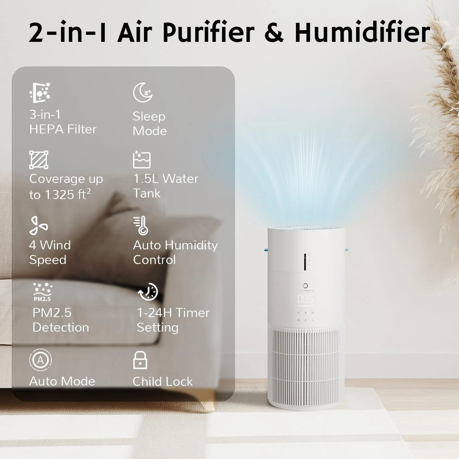 Airthereal Oczyszczacz i nawilżacz powietrza 2 w 1 do 125 m², 3-stopniowy filtr, monitor jakości powietrza, tryb cichego snu, nawilżacz z automatycznym monitorem wilgotności, AEH300
