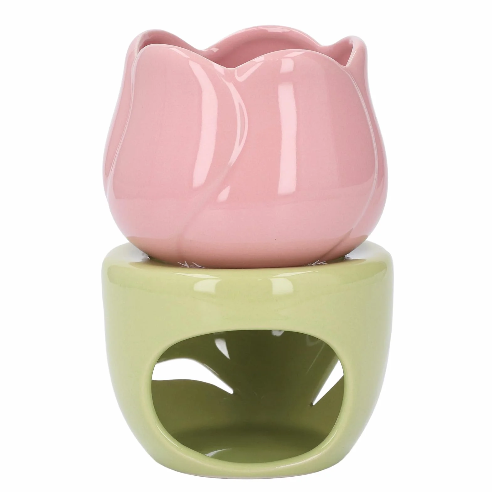 Kominek na Olejki Eteryczne do Topienia Wosku, Ceramiczny Palnik do Aromaterapii w Kształcie Różowego Kwiatu z Zielonym Stojakiem świecznik do Użytku w Domowym Biurze