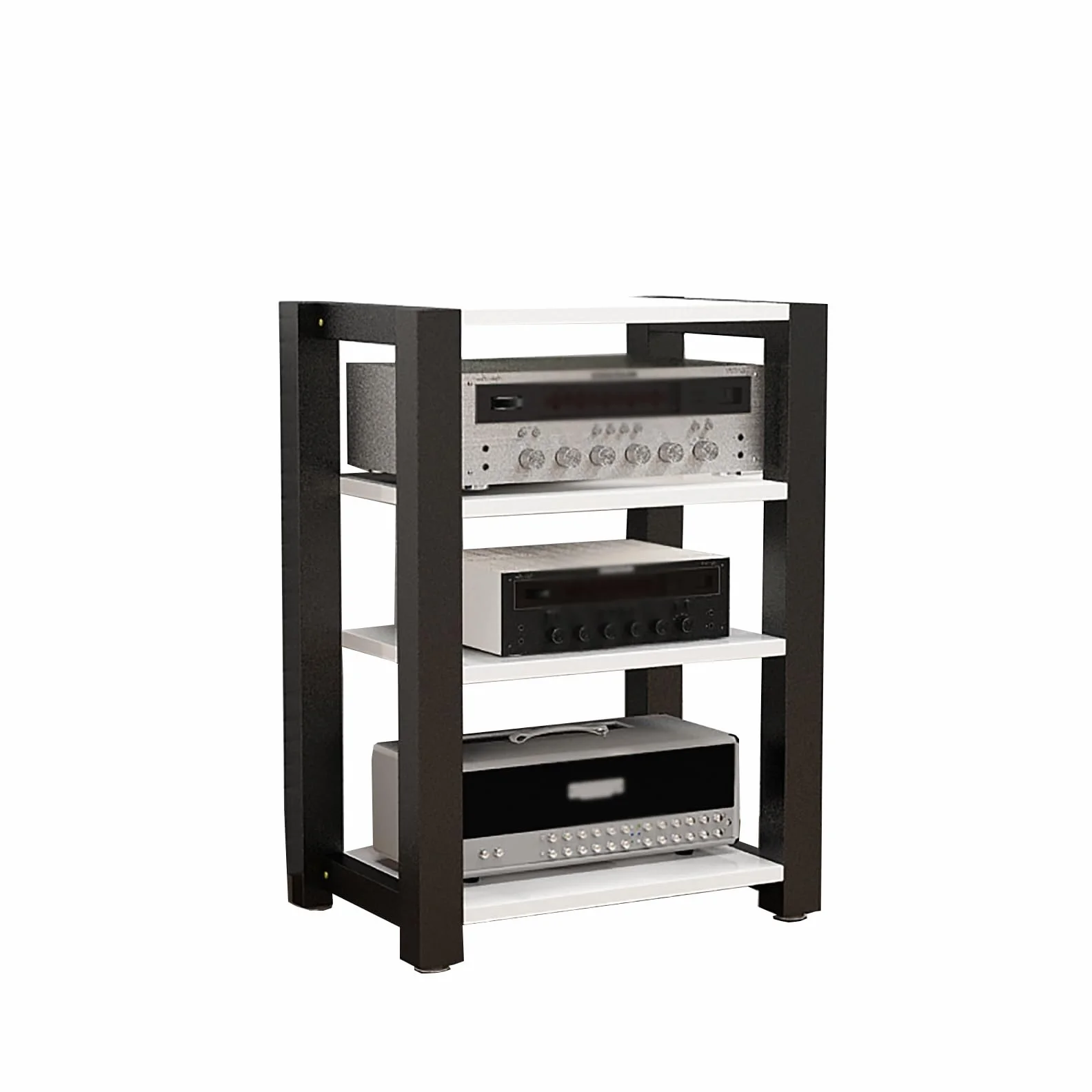Regulowany stojak HiFi i odtwarzacz płyt gramofonowych do systemów stereo i kompaktowej szafki audio z drewna i stali (biały, 60 x 51 x 80 cm) – idealny dla audiofilów