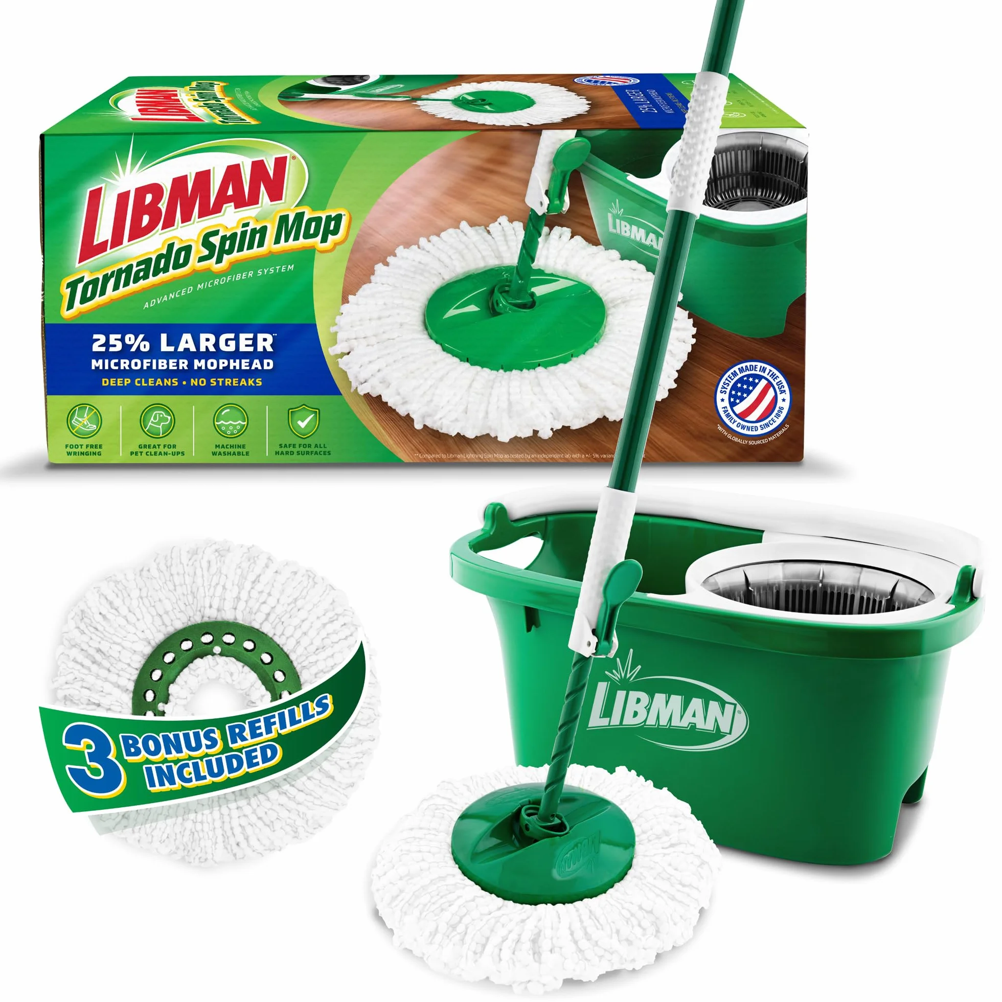 Libman Tornado system mopa spinningowego z 3 głowicami uzupełniającymi, mop spinningowy z mikrofibry i wiadro z zestawem do wyciskania do domu, czyszczenia podłóg z twardego drewna, laminatu, płytek,