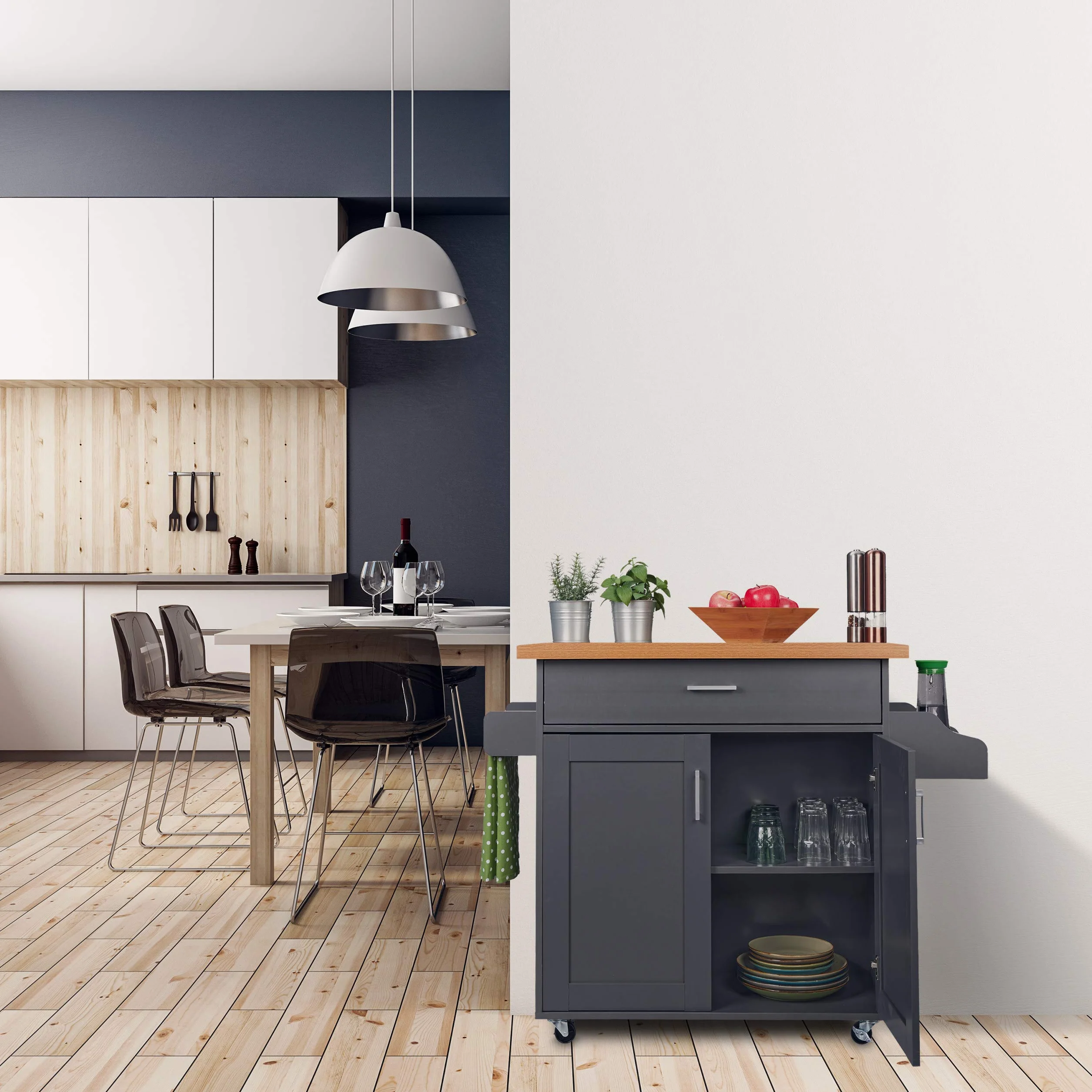 Relaxdays Wózek kuchenny, blat roboczy, szuflada, 2 półki, wieszak na przyprawy i ręczniki, mobilna szafka kuchenna, szary/naturalny