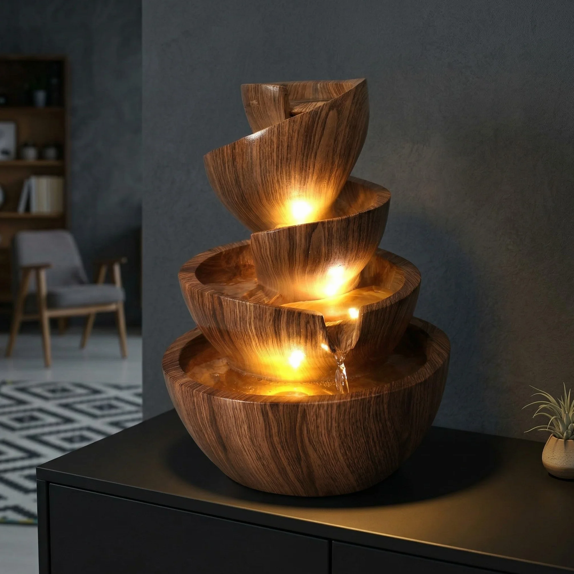 Fontanna pokojowa LED, fontanna wewnętrzna i zewnętrzna z żywicy polimerowej (polyresin), wysokość 39 cm, z ciepłobiałymi reflektorami LED, fontanna ogrodowa – dekoracyjna fontanna do salonu, biura i