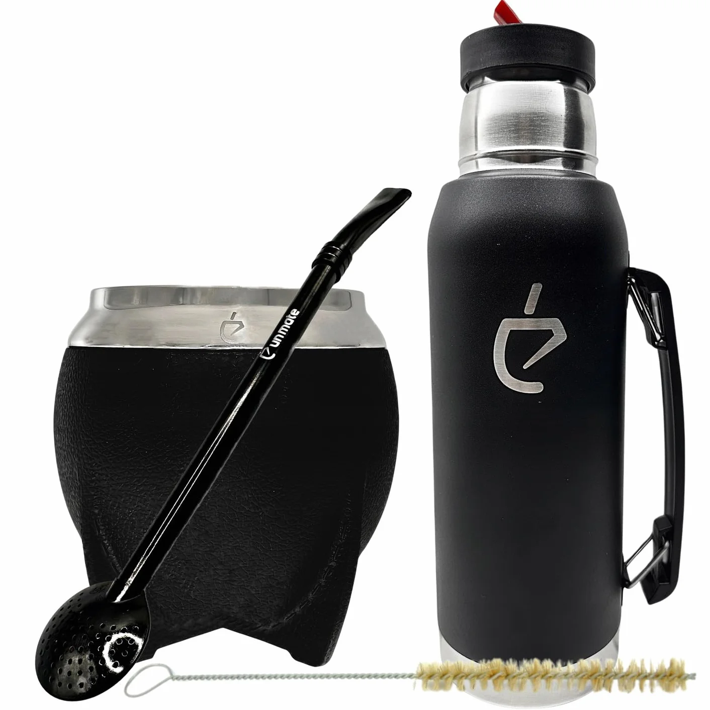 Zestaw do picia herbaty yerba mate od UN MATE dla nowicjuszy: nierdzewna calabaza 280ml, czarna nierdzewna bombilla, termos 1000ml oraz czyścik szczoteczka. eleganckie pudełko unmate, bez BPA