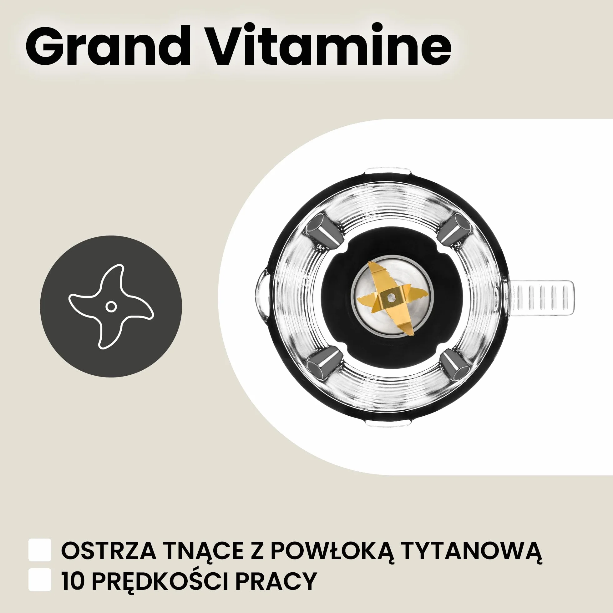 Zeegma Grand Vitamine Blender Kielichowy, Silnik 1600W, 3 Automatyczne Tryby Pracy, Duży Kielich 1,75L, 6 Noży, Regulacja Prędkości, Funkcja Thermofuse, Metalowa Obudowa, Podświetlenie Led