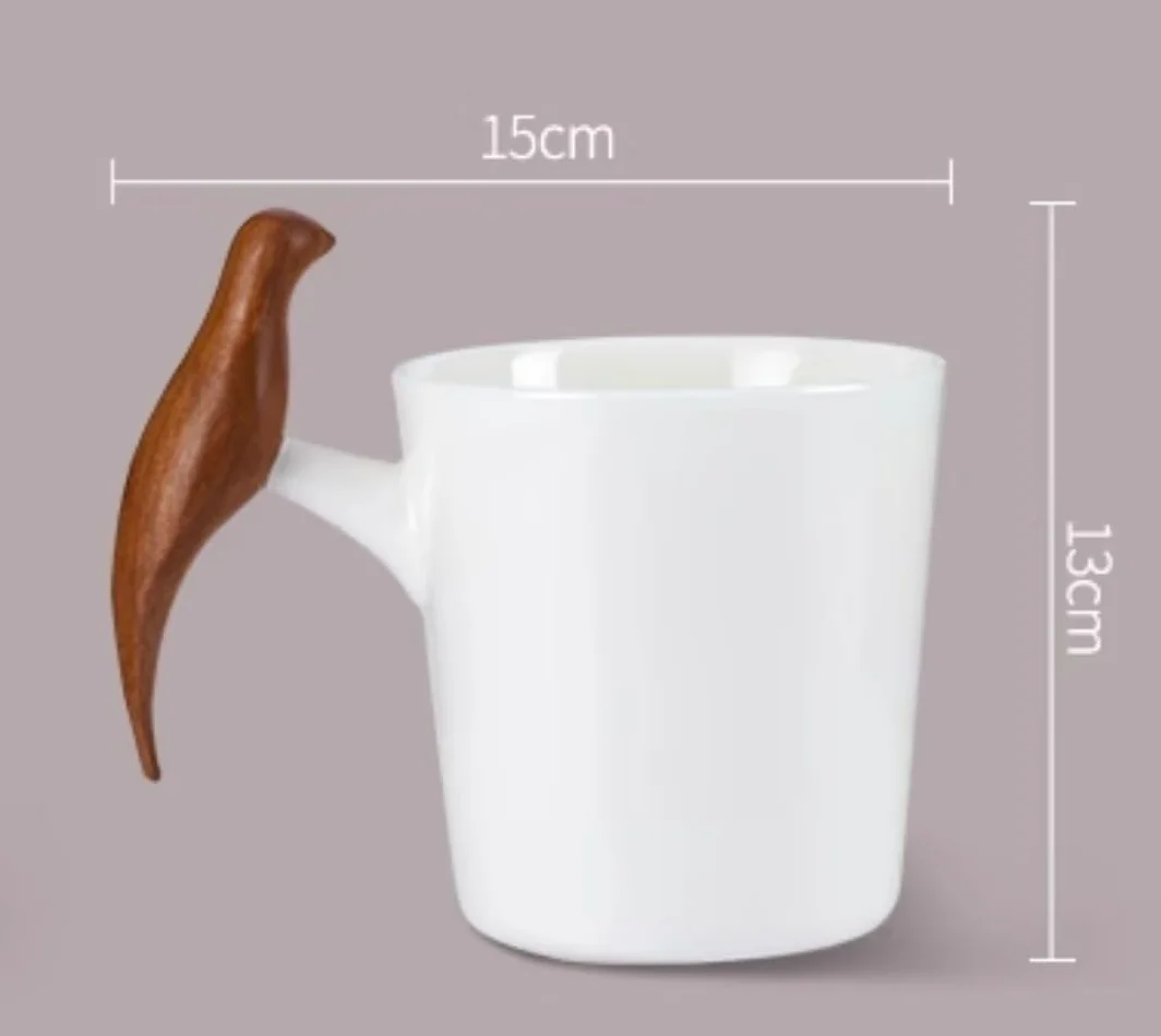 Kubek Filiżanka kawy Filiżanka herbaty, kubek kawy Kubki ceramiczne Nowość Biały ceramiczny kubek do kawy z drewnianym uchwytem w kształcie ptaka Ceramiczny kubek do herbaty Para szklanek Kubki do kaw