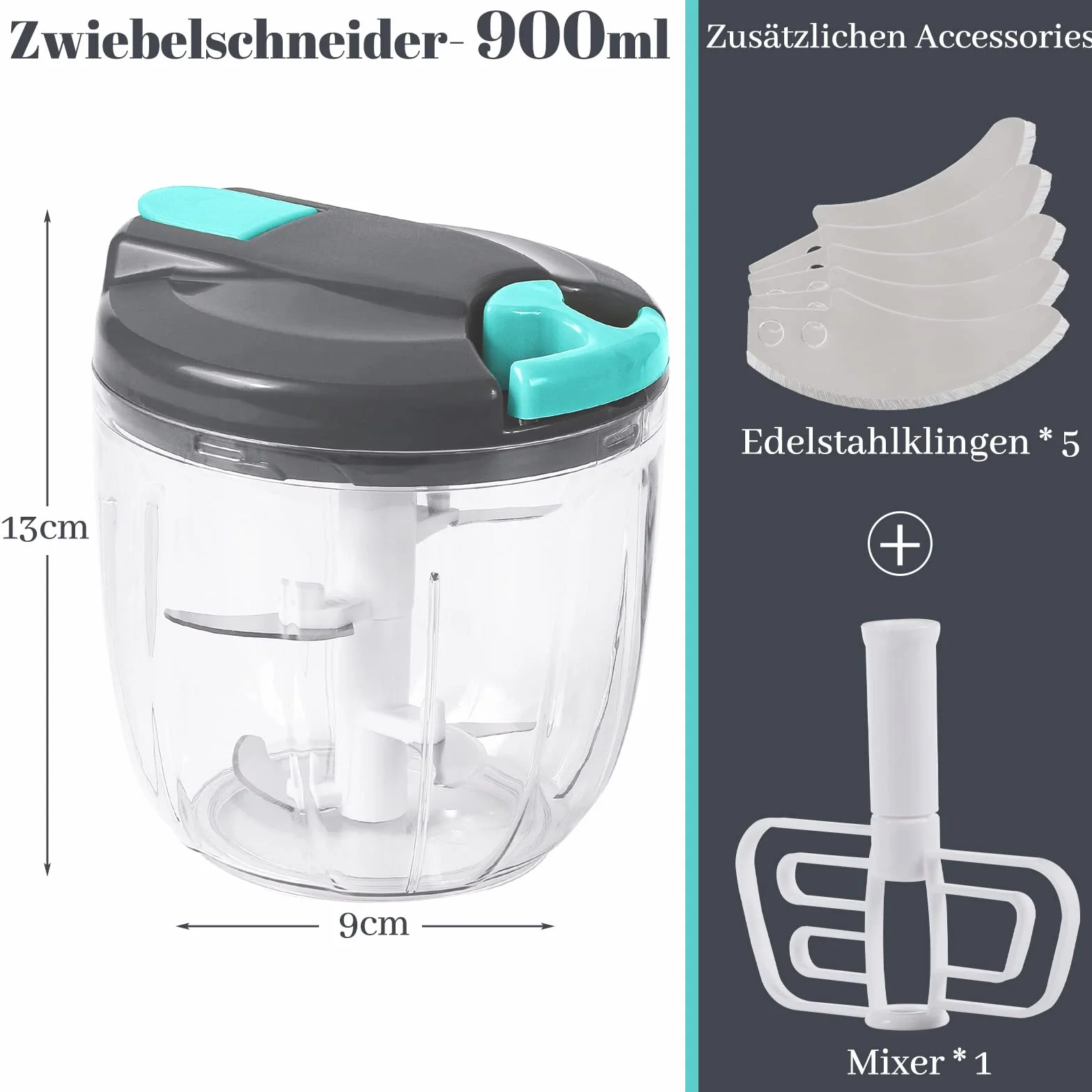 Gucass Ręczna szatkownica do cebuli, 900 ml, rozdrabniacz do cebuli, warzyw, ręczna rozdrabniarka do warzyw, cebuli, czosnku, imbiru, orzechów, szaro-niebieska