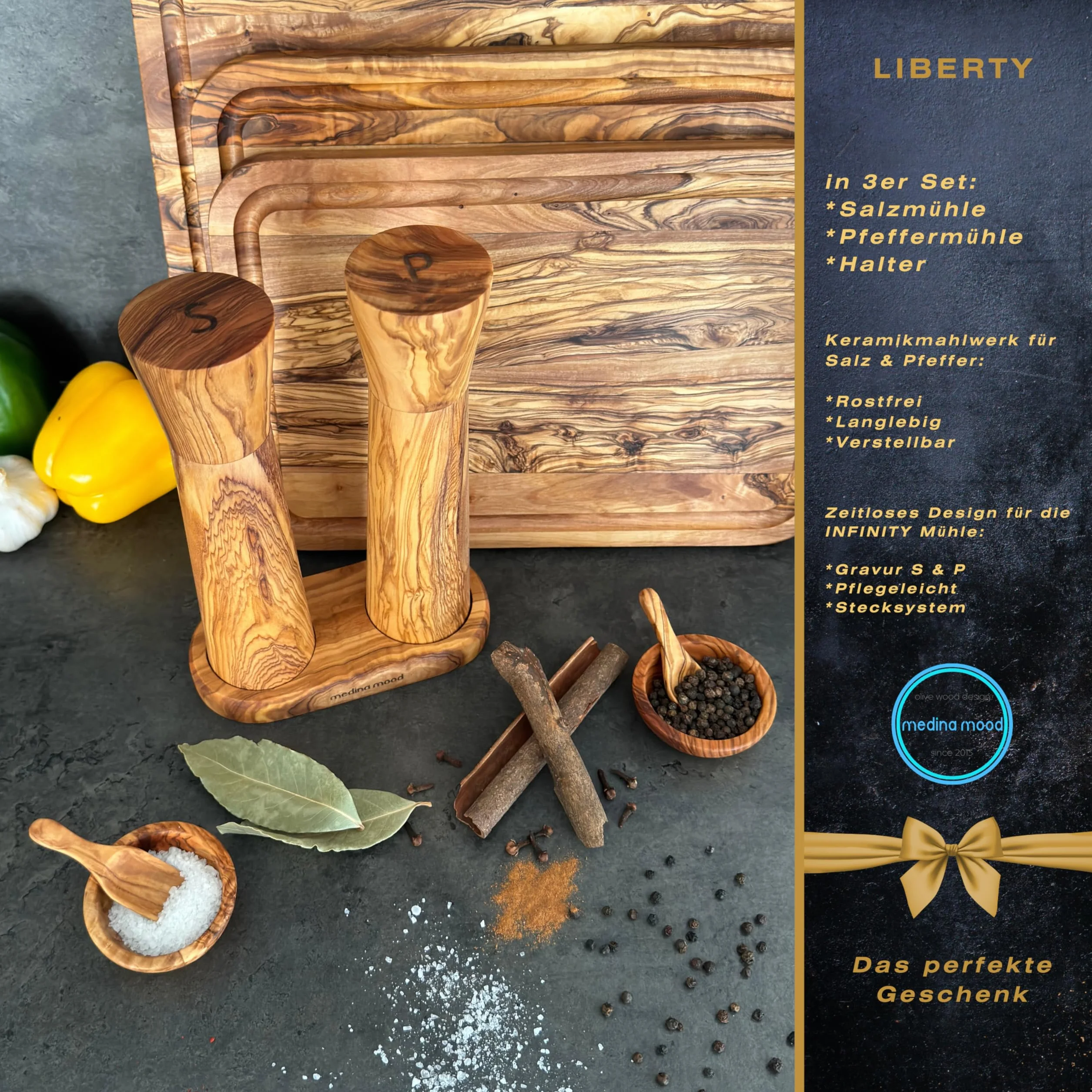 Zestaw młynków do soli i pieprzu "Liberty" z uchwytem z wysokiej jakości drewna oliwkowego, ceramiczny mechanizm mielący regulowany (mały)
