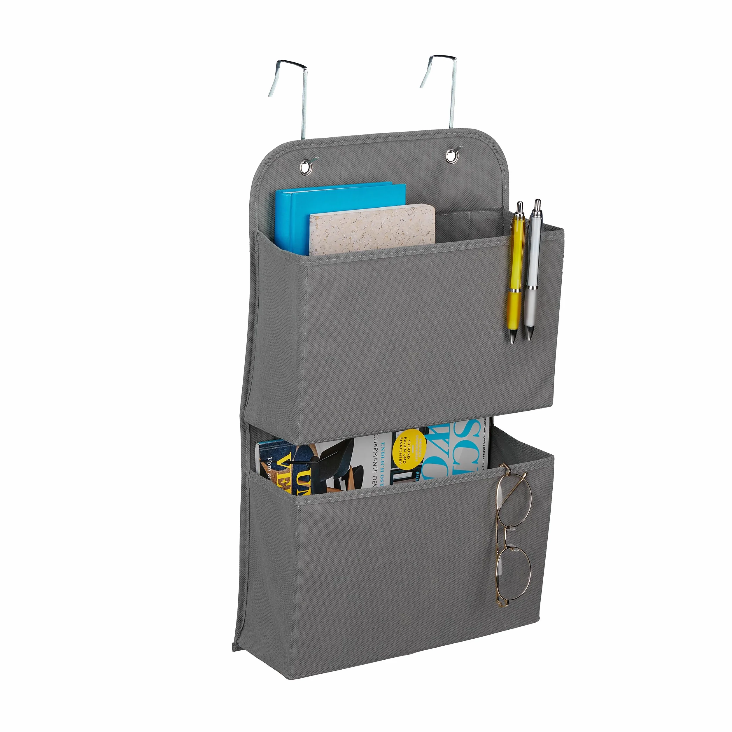Relaxdays Organizer wiszący, 2 przegródki, drzwi i ściana, regał na drzwi z hakami do zawieszenia, wys. x gł.: 50 x 31 x 10 cm, łazienka, korytarz, szary