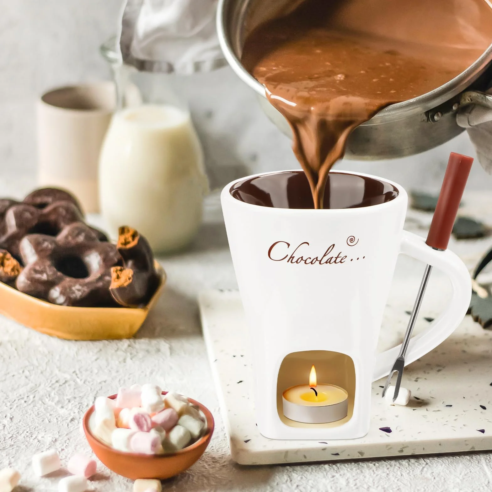 Wvu & Wvo 200 ml ceramiczny zestaw do fondue czekoladowego, kubek do topienia czekolady, fondue, widelec i podgrzewacz, do sera, czekolady, masła, karmelu
