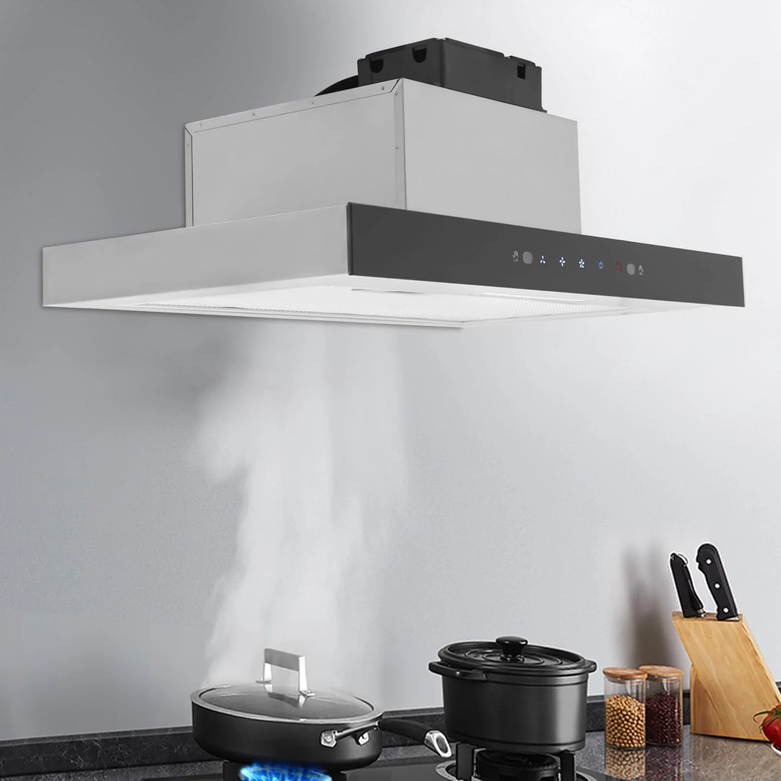 Okap kuchenny 60 cm, wyciągowy, podszafkowy okap ścienny, sterowanie dotykowe i gesty, 3 poziomy mocy, oświetlenie LED, cichy < 55 dB, stal nierdzewna i szkło