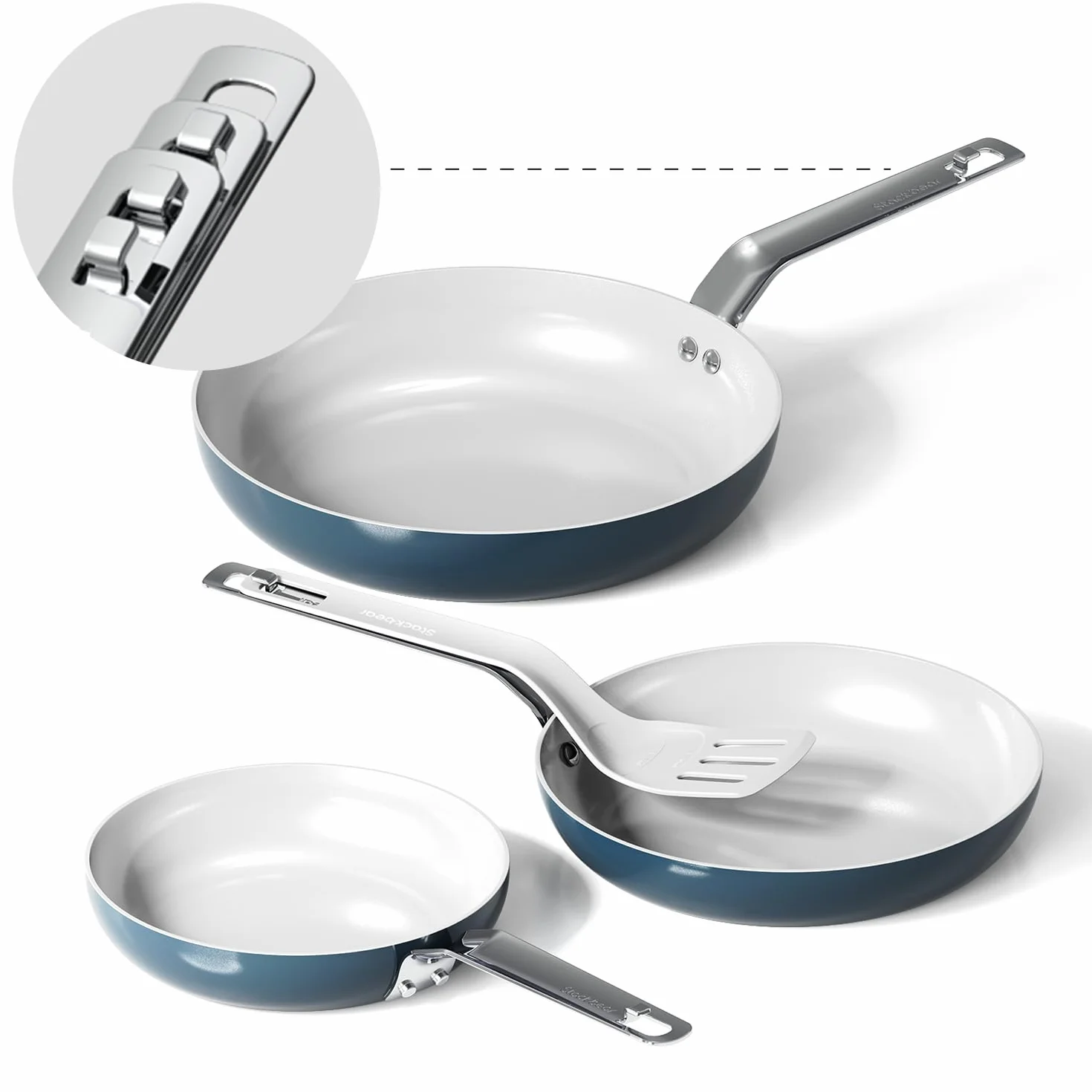 Ceramiczna patelnia z pływającą konstrukcją do układania w stos – nieprzywierające patelnie 3 szt. z szpatułką, nietoksyczne naczynia kuchenne, bez PFAS/PTFE/PFOA, wszystkie płyty kuchenne, nadają się