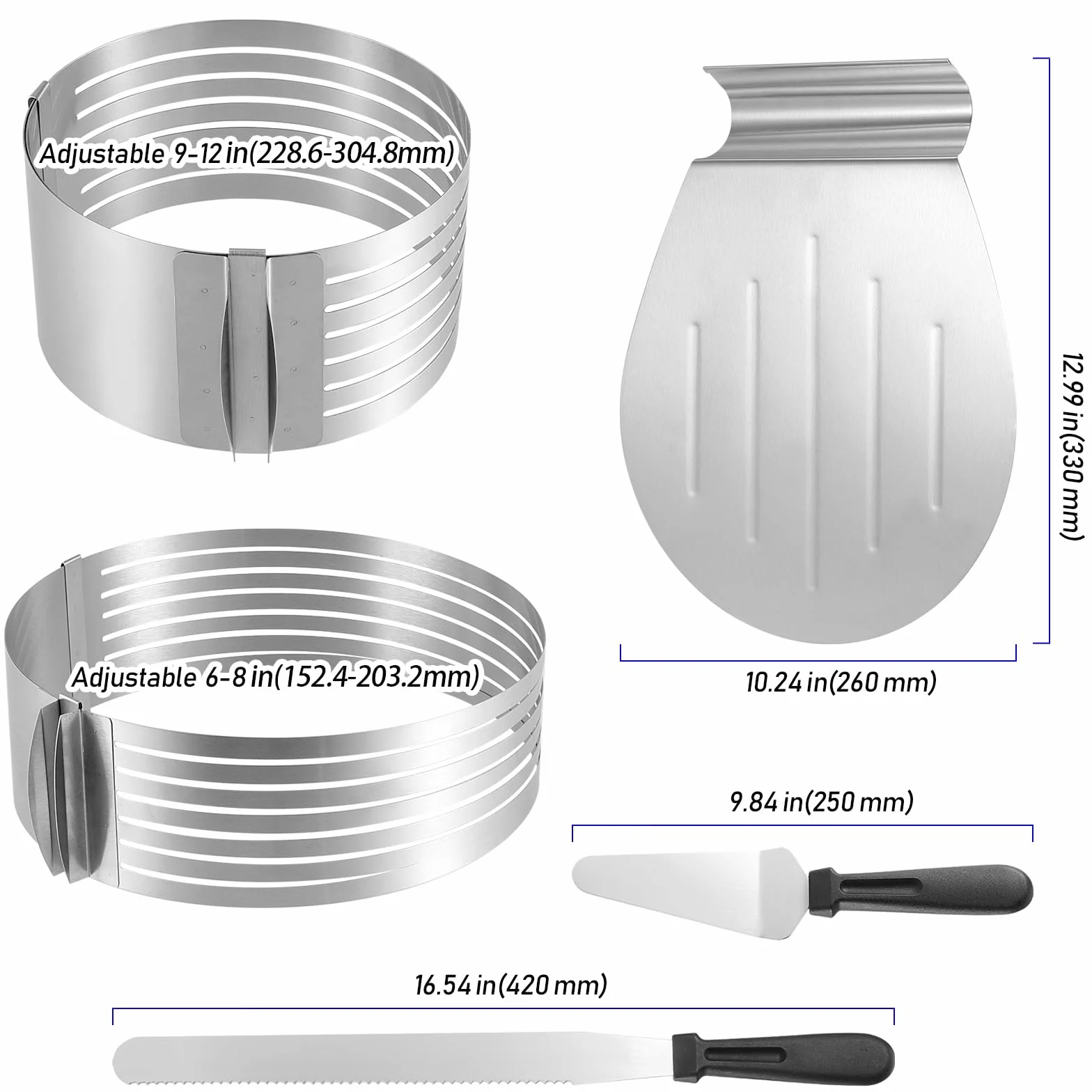 5 Sztuk okr?g?e krajarki do tortów zestaw z 1 no?em cukierniczym, 1 ?opatka do ciasta ze stali nierdzewnej i 1 ?opatka do ciasta, 15-20 cm/25-30 cm, regulowany pier?cie? na tort