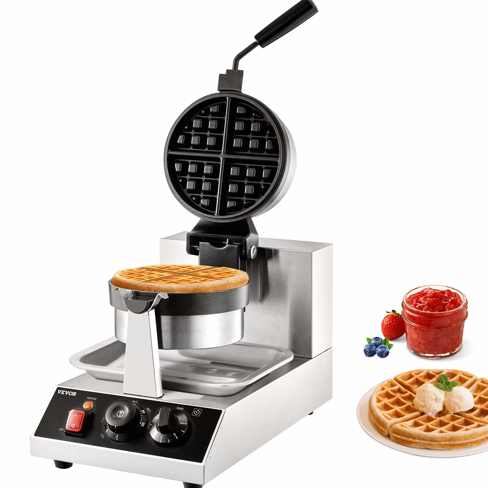 VEVOR Gofrownica okrągła gofrownica 1300 W, grill kontaktowy, gofrownica belgijska, 4 szt. stal nierdzewna, automat do gofrów z klipsem do żywności, szczotkami i uchwytem zabezpieczającym przed