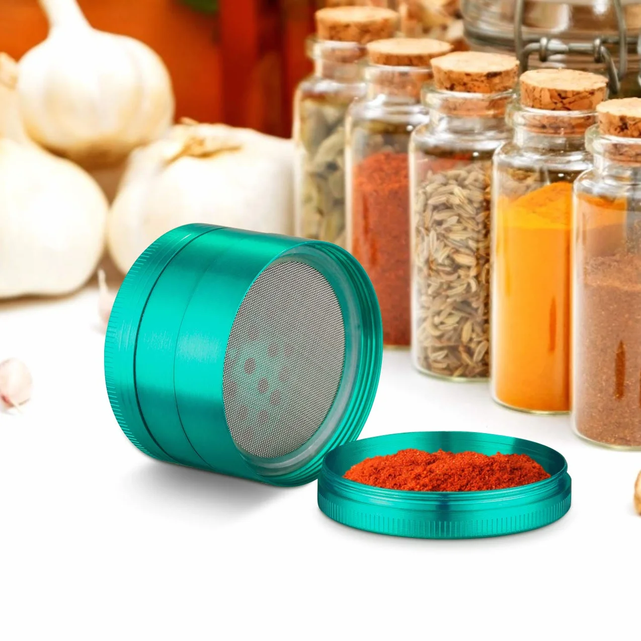 Lihao Grinder Crusher 4-częściowy zestaw młynków, stop cynku, ze skrobakiem do przypraw, ziół (mini, 5 x 3,5 cm, zielony)