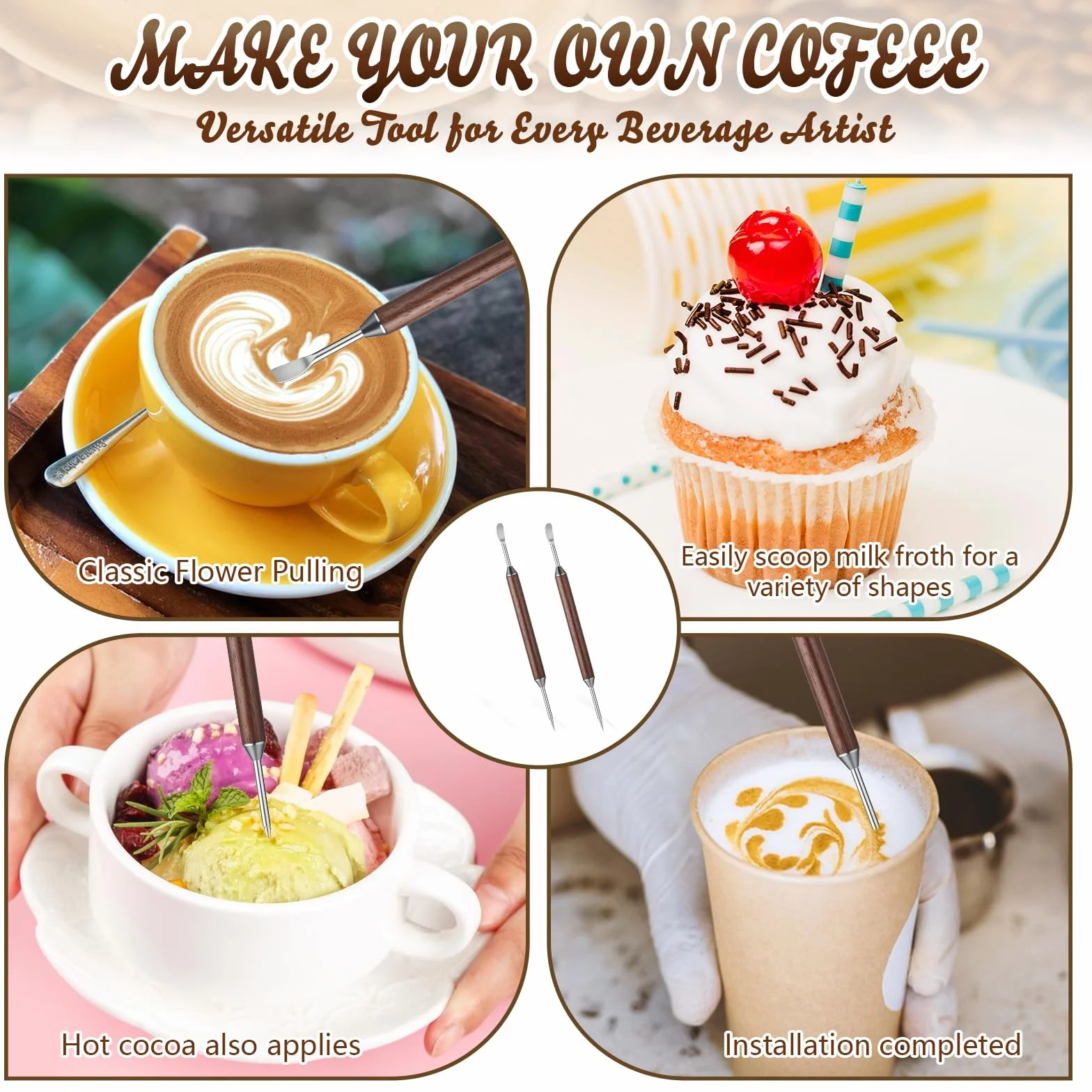 Długopisy do kawy, 2 sztuki, 16 cm, dwustronne pisaki latte art, ze stali nierdzewnej z drewnianym uchwytem, profesjonalne pisaki barista latte art, do cappuccino, latte, espresso, 2