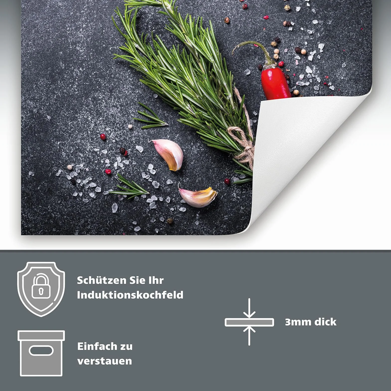 Mata ochronna na płytę indukcyjną 60x52 cm - Mata winylowa zwijana na blat - Mata dekoracyjna na kuchenkę - łupek - chili - przyprawy