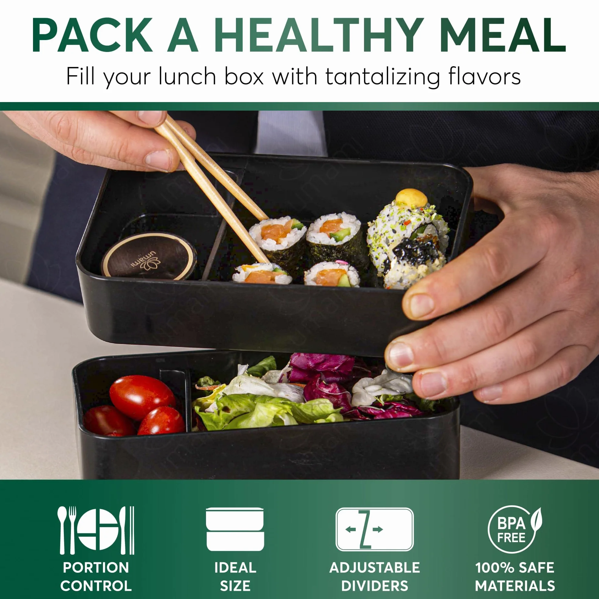 Umami Bento Pudełko na Lunch, 2 Garnki na Sos & Sztućce w Zestawie, Bezpieczne Do MIkrofali, Pudełko na Lunch Dla Dorosłych, Pudełko na Posiłki z Przegrodami, Bento Box