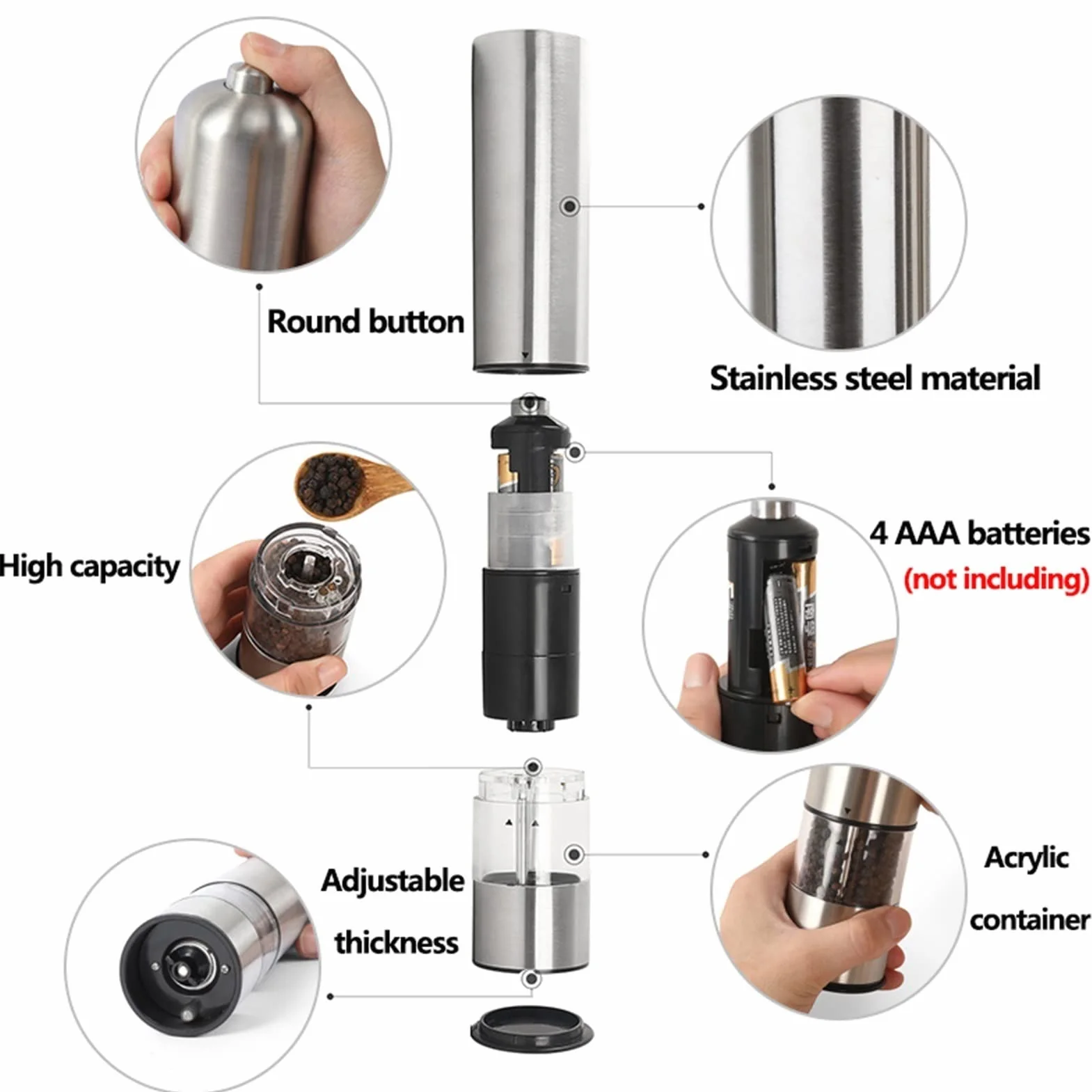 moisture Zestaw młynków do soli i pieprzu ze stali nierdzewnej elektryczny zestaw młynków do soli i pieprzu ziół młynek do przypraw regulowany szorstki obsługa jedną ręką gadżety kuchenne 2 szt. młynek do pieprzu kuchennego (kolor: F)