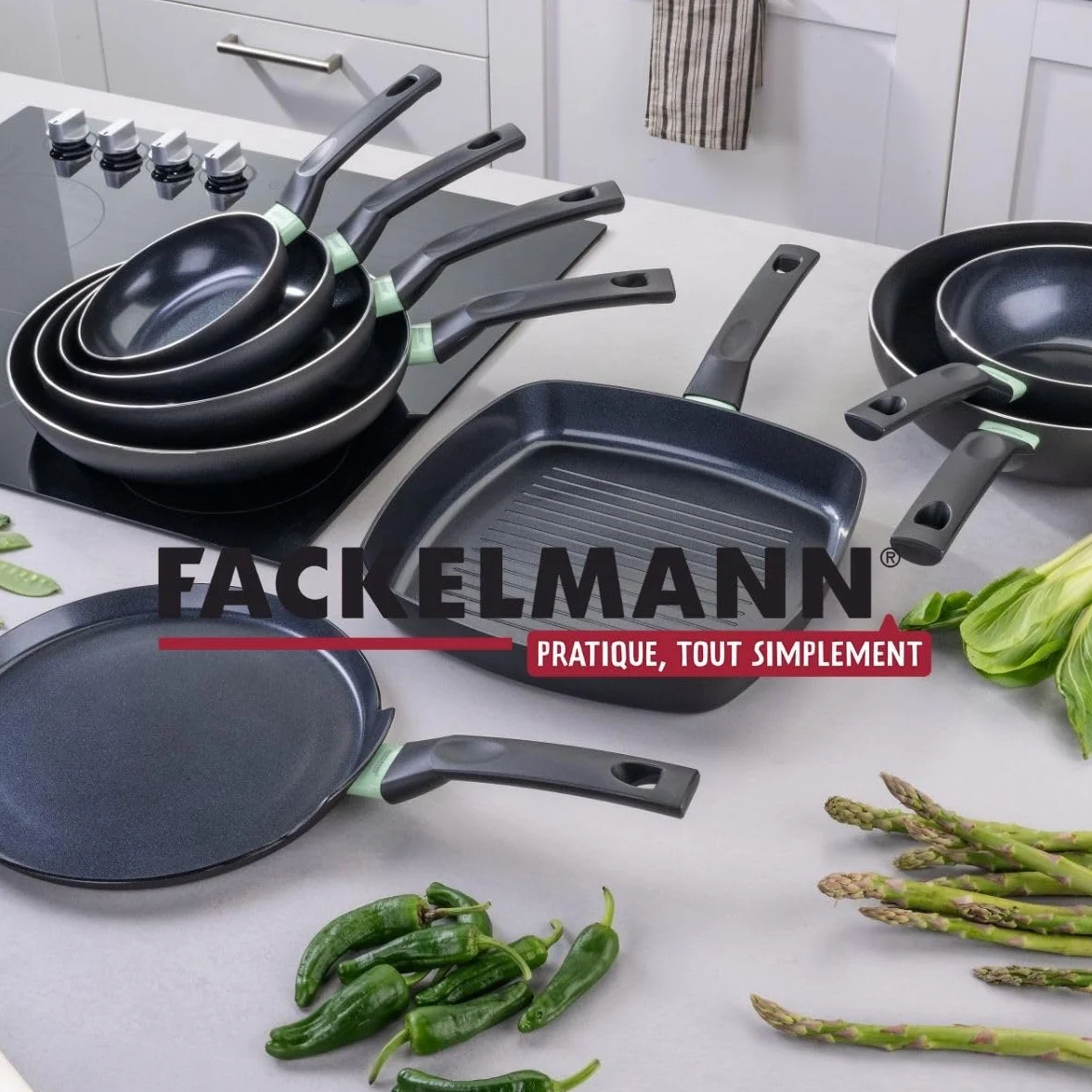 Fackelmann 9430850 Zestaw 2 patelni 28 i 30 cm z 3 garnkami 16, 18 i 20 cm, nieprzywierająca powłoka ceramiczna, bez PFAS, wszystkie palniki, indukcyjne, piekarnik, aluminium, czarny, zielony, 16, 18