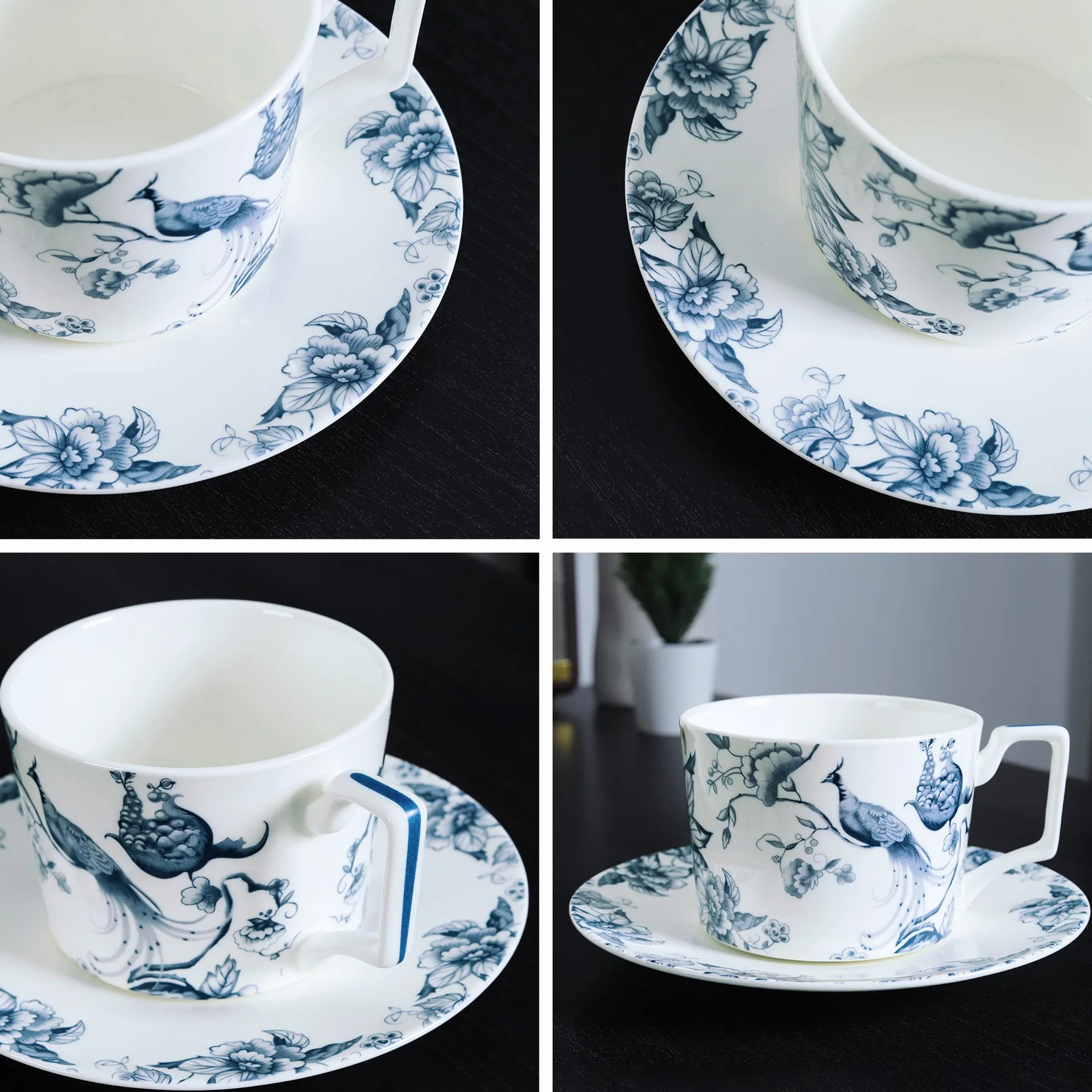 Fanquare Bone China Filiżanka do Herbaty i Spodek 250 ml - Zestaw na 1, Niebieska i Biała Filiżanka Kawy z Talerzem, Brytyjskie Kwiaty, Porcelana dla Kobiet